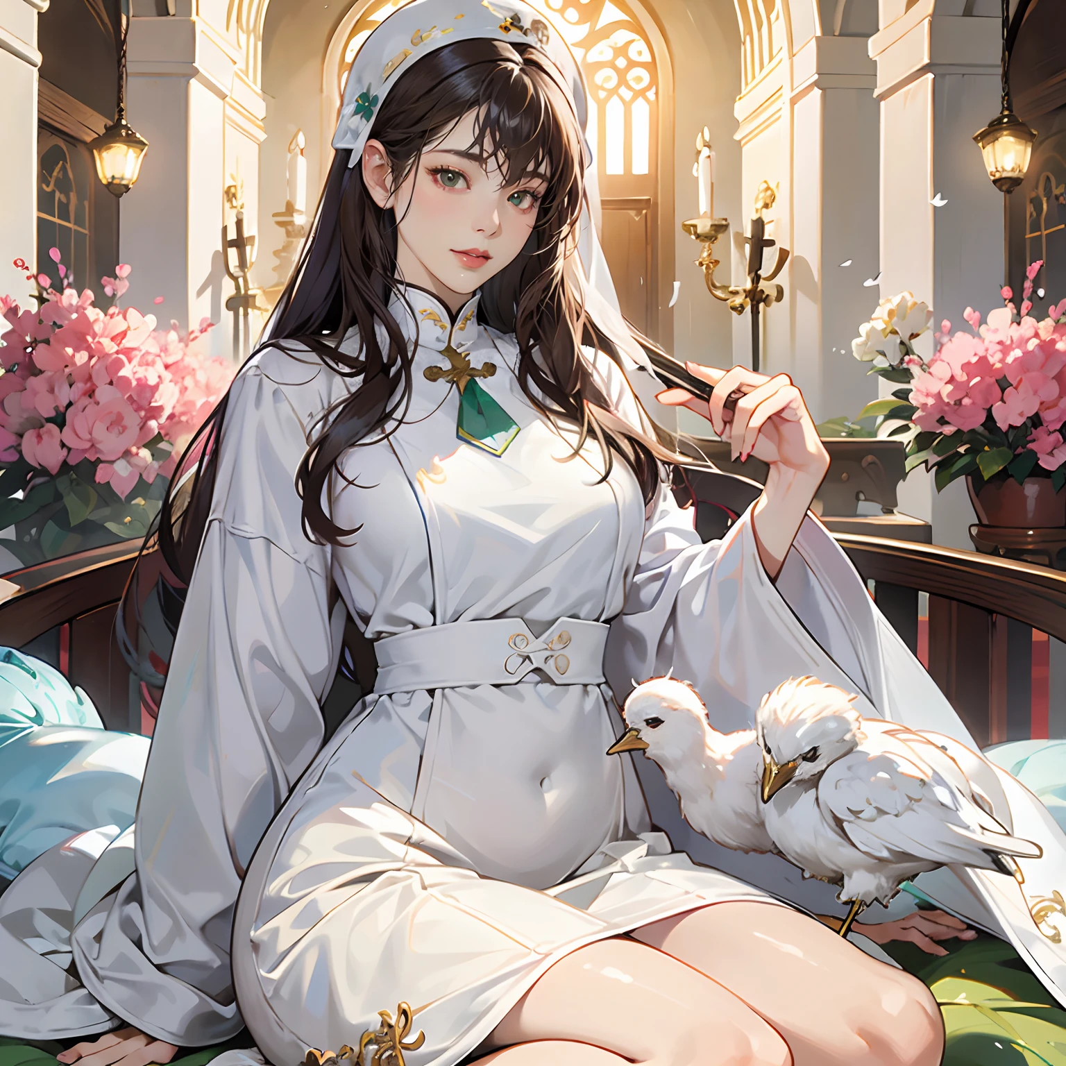 Women in Their 20s, Fantasia、offcial art, unity 8k wall paper, ultra-detailliert, beautifly、Aesthetic, ​masterpiece, top-quality, Photorealsitic、White Devil Taoist、Saint a girl、White clothes with cross design、White underwear、length hair、Church yard、Green Tree々、depth of fields, Fantastic atmosphere, Calm palette, tranquil mood, Soft shading、very large breast、plump figure、Flock of small white birds