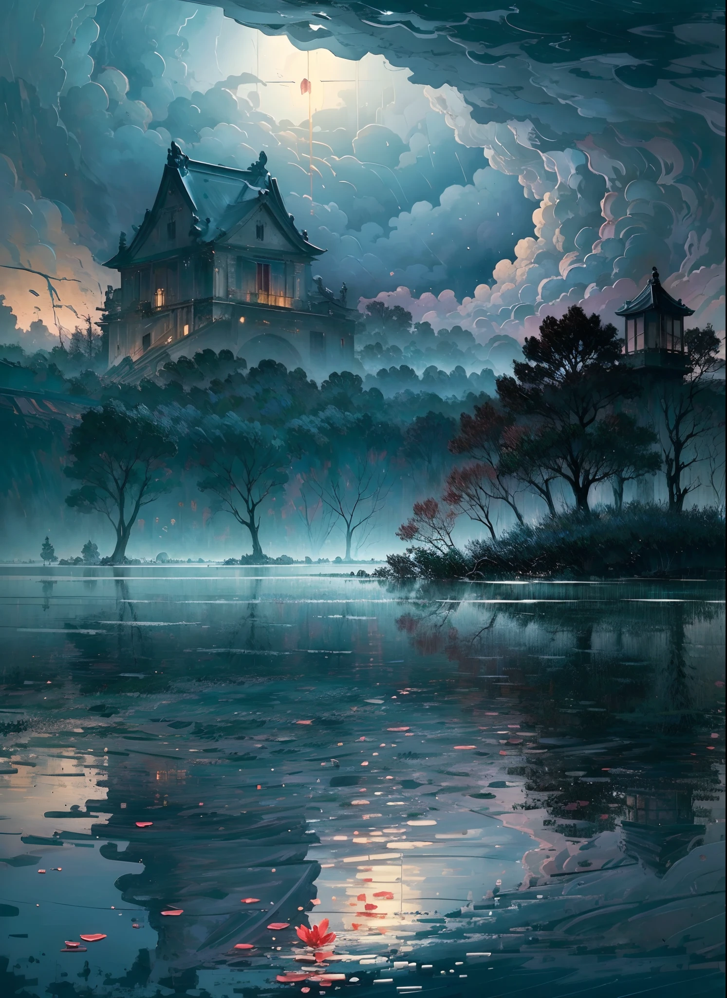 Best quality,4K,8K,A high resolution,Masterpiece:1.2,Ultra-detailed,Realistic,Photorealistic:1.37,landscape,Monet,Impresionismo,flood,illuminations,Japan culture,disaster,heavy rain,Dark clouds,Gloomy atmosphere,Flooded rivers,damaged buildings,Desolate streets,Soaked landscape,Ripple water reflection,Waterlogged trees,Moody lighting,Brush Strokes,A peaceful garden with cherry blossoms,Sparse cherry petals,floating debris,Turbulent waves,ominous storm clouds,Subtle color palette,Soft lighting,Sinister emotions,Crumbling building,Abandoned temple,Unforgettable scenery,A mysterious mist shrouded the scene,Ominous silence,Breathtaking but melancholic scene,The juxtaposition of natural beauty and destruction,The lonely figure stood in the chaos,Think about the power of nature,A charming blend of tranquility and chaos,Visually striking and emotionally evocative artwork,Showcasing the delicate balance between man and nature,Convey a feeling of wonder and awe.