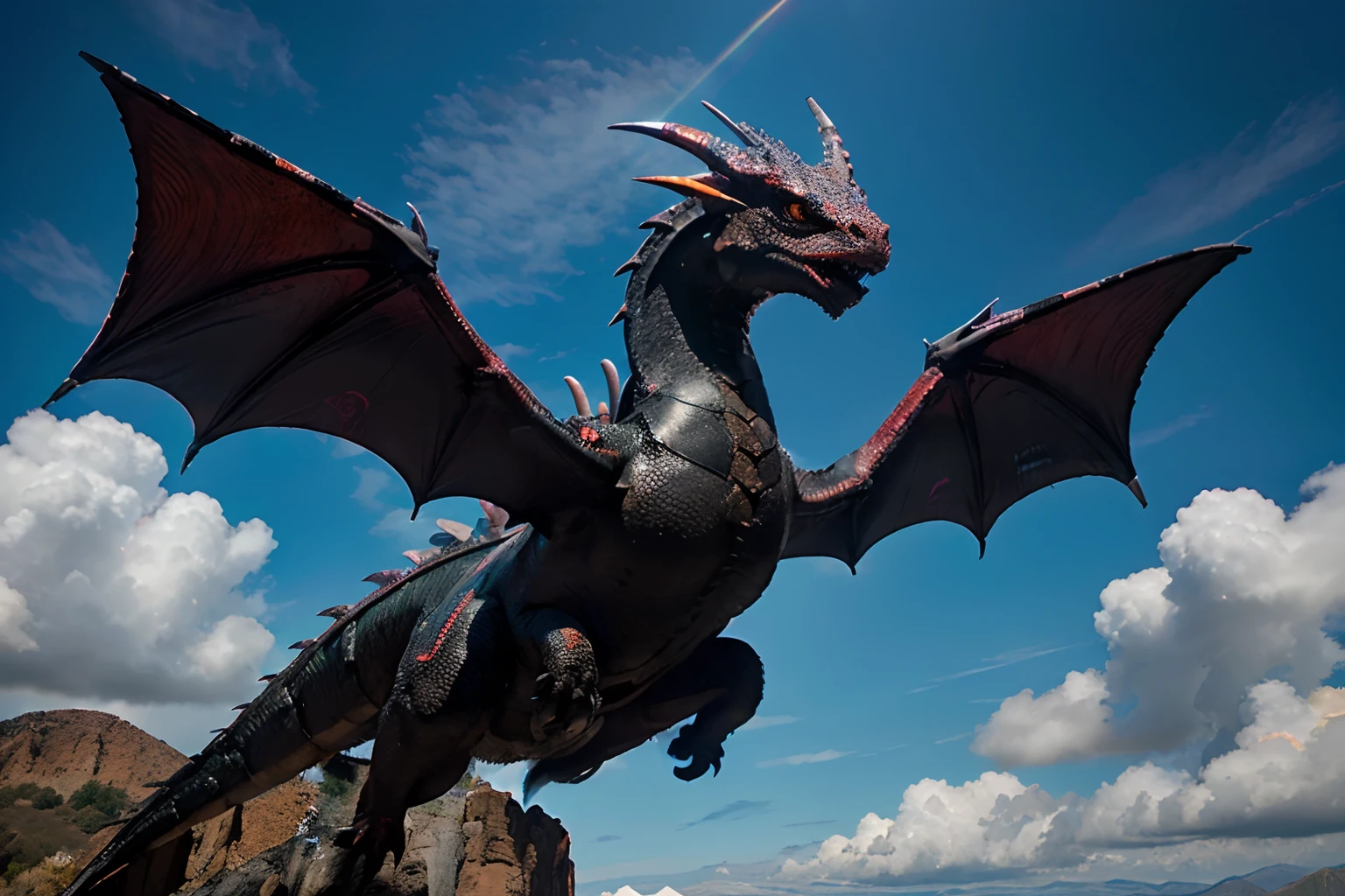 (La mejor calidad,Ultra detallado,De color:1.2), A colossal black dragon with glowing red eyes and iridescent scales, Flying in the daytime sky, The dragon is fully visible in full against the clear blue sky. vista de lejos del dragon.