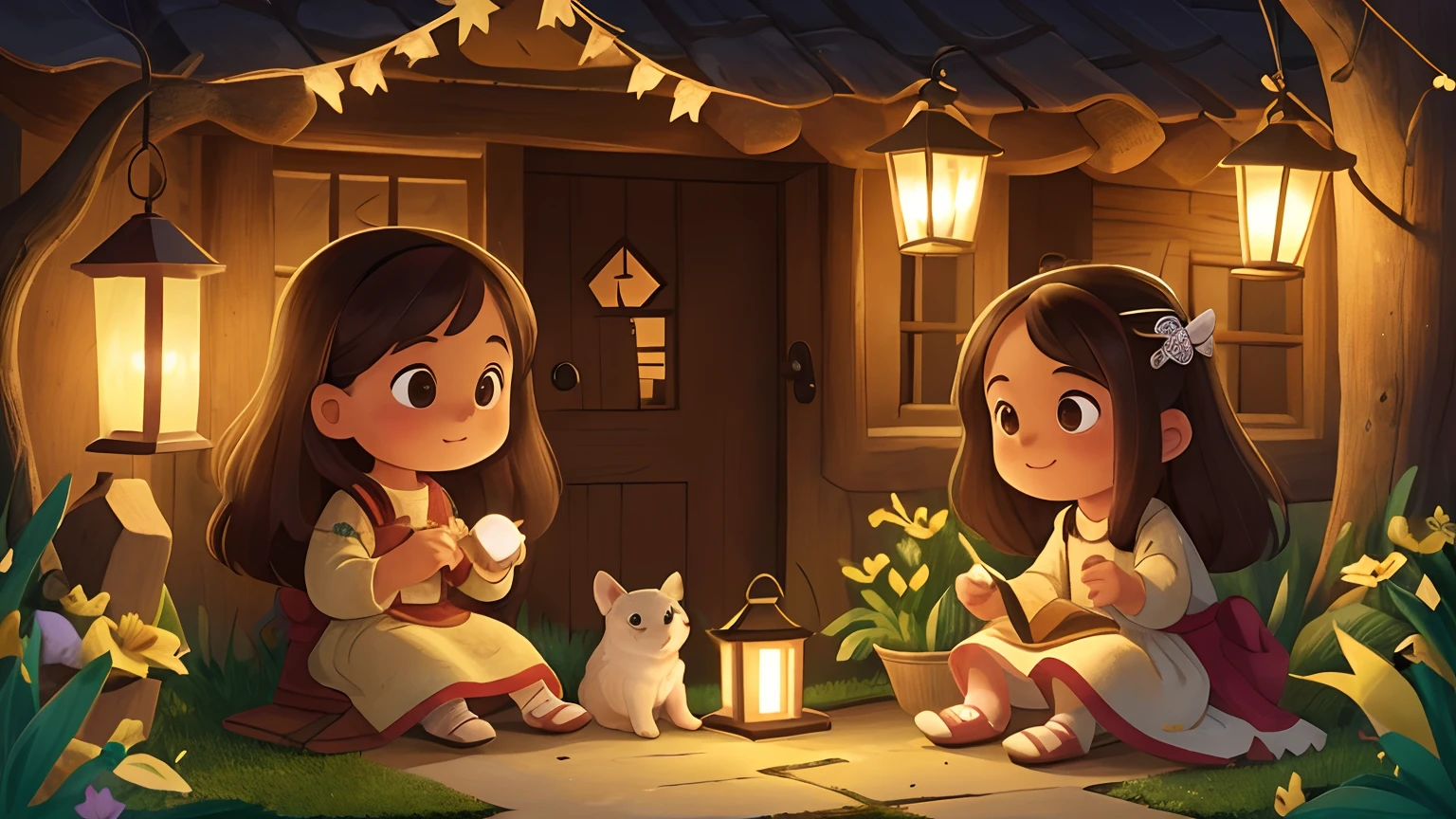 In the background, a dimly lit village is in the background,The foreground is a small courtyard-style cabin,A little girl with long hair in a long-sleeved national costume sits on the threshold of a wooden house(Little girl holding embroidery in her hand),Two lanterns hung from the wooden house,In the small courtyard, five pairs of embroidered works are hung, and the light of the lantern presents a soft glow,There was also a puppy sitting at the little girl's feet(The puppy stuck out its tongue,Sit quietly at the feet of the little girl),The facial features are cute and delicate, (Best quality, 4K, A high resolution), Ultra-detailed, (Realistic:1.37), sportrait, Vivid colors, Natural lighting.