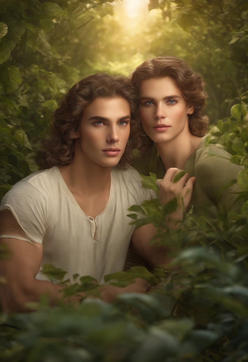 Adam and Eve,garden,beautiful detailed eyes,beautiful detailed lips,extremely detailed eyes and face,longeyelashes,1boy,1girl,illustration,highres,ultra-detailed,realistic,HDR,studio lighting,physically-based rendering,professional,vivid colors,portraits,hebrew lyrics,soft pastel colors,sunlight filtering through trees