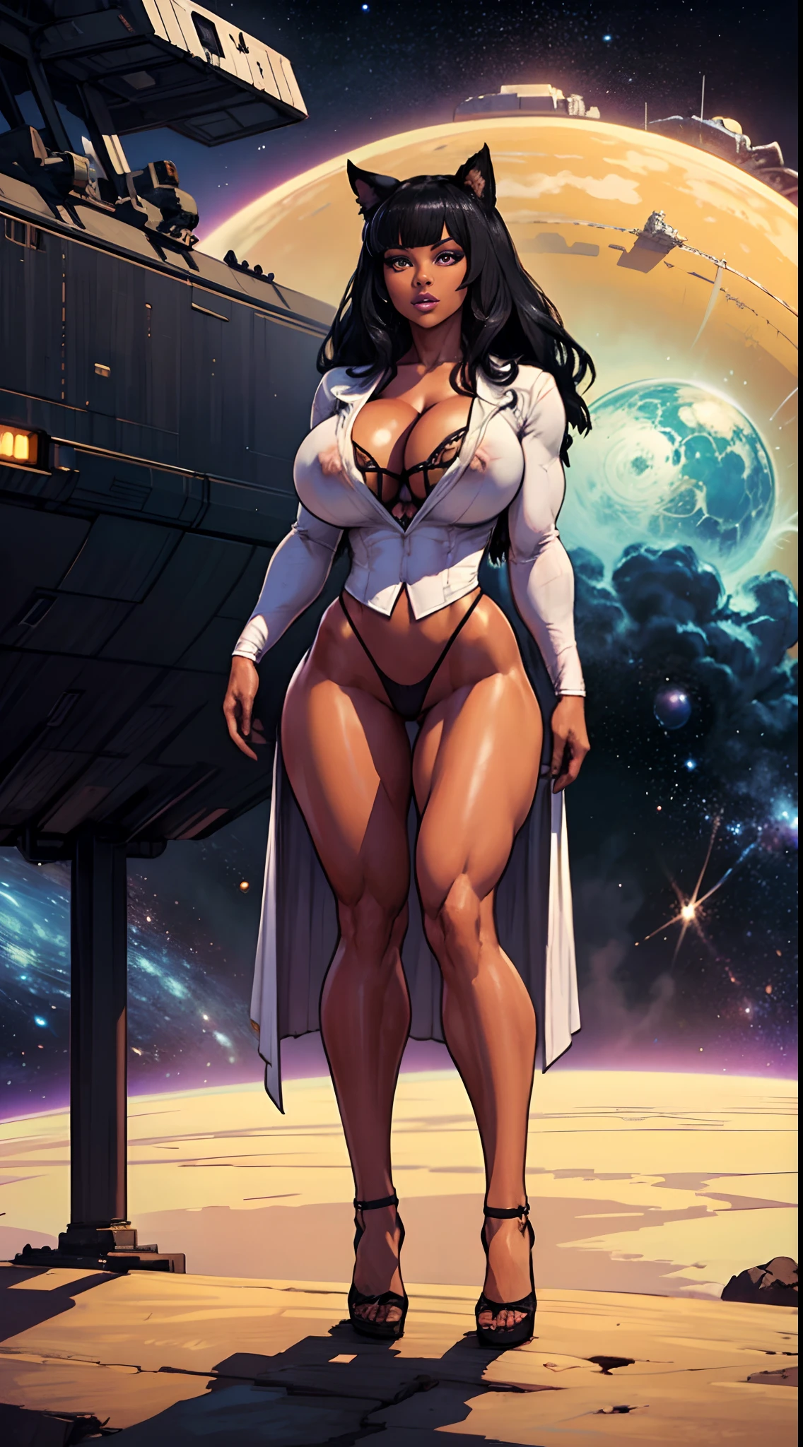 (masterpiece, best quality, cinematic), close up, overhead view, dynamic pose, Anime style, detailed, sexy Blake, highly detailed, intricate, professional art, digital art, 20k, portrait, blake belladonna, (african woman: 2.3), (dark skin: 2.8), front view, sexy woman, huge breasts, (sci-fi background, space ship:1.35), spaceship, ship bridge, animal eyes, cat ears, big ass, black hair, long hair, blunt bangs, lipstick, (purple makeup:1.1), outdoors, full body shot, black eyeshadow, detailed hair, ultra detailed face, yellow eyes, perfect eyes, cat eyes, beautiful eyes, amber eyes, detailed eyes, perfect face, (very dark skin: 1.8), african woman, (african woman: 2.1), very dark skin character, (very dark skin: 3.2), (tail:0), (japanese clothes:0.6), night-gown, thin-clothes, (see-through clothes: 1.6) (hip vent:0.9), (bridal gauntlets:1.1), shrug (clothing), (young female, :1.1, black woman: 2.4), Large Breasts, cleavage, (fit body: 1.1) Black and white outfit. White tailcoat. Tight black spats, thong.