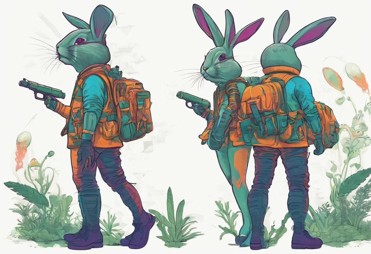 Herren. Adventurer Bunny，Wearing an explorer's hat，Carry a bag，Behind him was a dense jungle