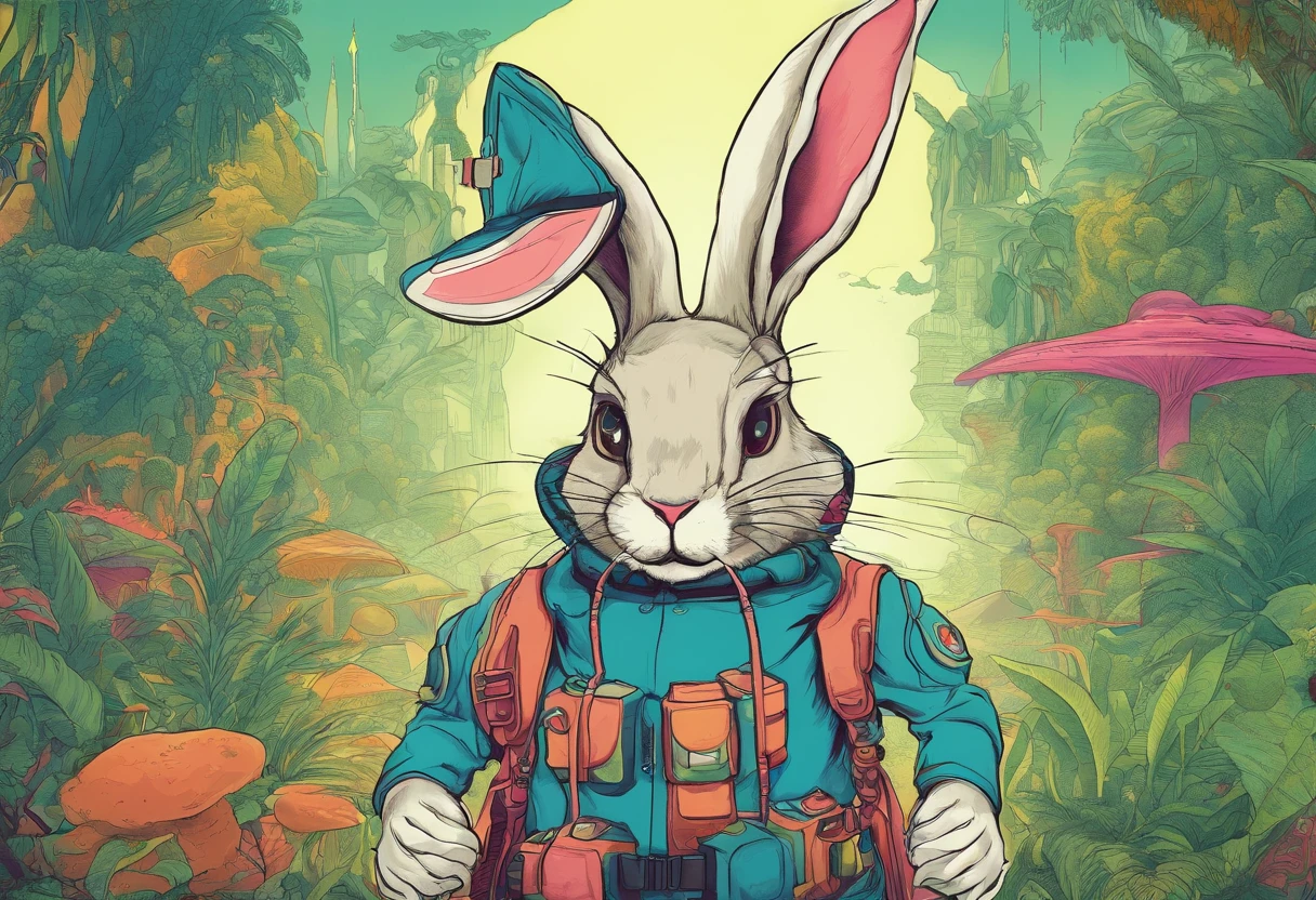 Herren. Adventurer Bunny,Wearing an explorer's hat,Carry a bag,Behind him was a dense jungle