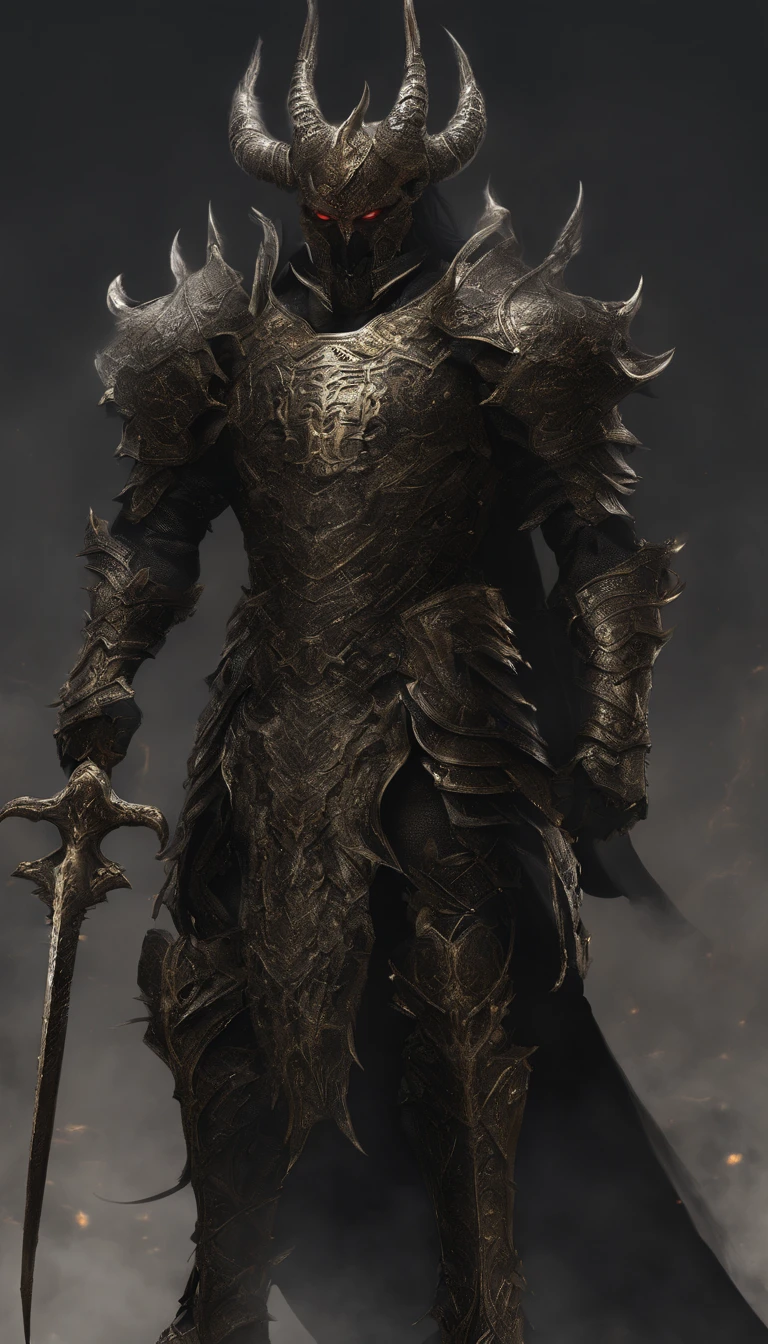 warrior, concept-art, author:Kishiganku, Fantasy art, Zen temple background, clean render, a horned, Wear a suit of armor, Detailed bushido form smoke, helmet of a forgotten deity, character is standing, 8k Realistic, in game render, detailed face background detail, Art station front page, taur, Pseudo-medieval fantasy, A deity wearing koi armor, detailed bronze armor, Bronze armor, golden etched armor, gold obsidian armor, Light gold armor, Gorgeous filigree armor, A demonic warrior, Gorgeous armor full of thorns, Intricate assasin armor, Intricate metal armor, powerful warrior, Dressed in gorgeous gold armor,Decorated with intricate patterns, The helmet has a large crown and two horns,Glowing red eyes, Everything is in the dark, The smoky background hints at the battle scene, Add an ominous aura to his character,The Demon's Giant Demon Wings,submission, Full body shot.