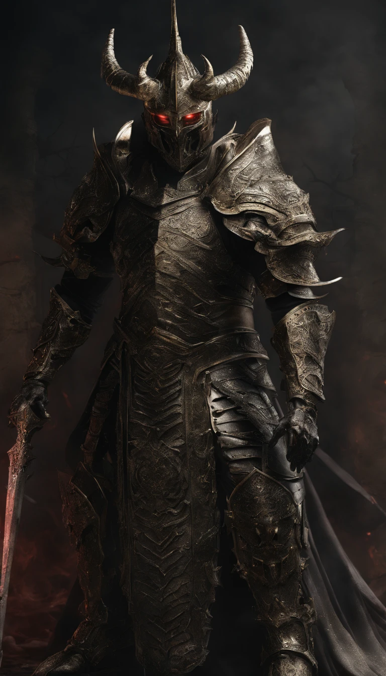 warrior, concept-art, author:Kishiganku, Fantasy art, Zen temple background, clean render, a horned, Wear a suit of armor, Detailed bushido form smoke, helmet of a forgotten deity, character is standing, 8k Realistic, in game render, detailed face background detail, Art station front page, taur, Pseudo-medieval fantasy, A deity wearing koi armor, detailed bronze armor, Bronze armor, golden etched armor, gold obsidian armor, Light gold armor, Gorgeous filigree armor, A demonic warrior, Gorgeous armor full of thorns, Intricate assasin armor, Intricate metal armor, powerful warrior, Dressed in gorgeous gold armor,Decorated with intricate patterns, The helmet has a large crown and two horns,Glowing red eyes, Everything is in the dark, The smoky background hints at the battle scene, Add an ominous aura to his character,The Demon's Giant Demon Wings,submission, Full body shot.