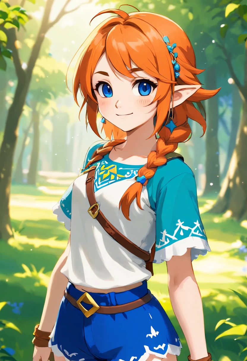 l muchacha, Pelo corto de color naranja, ojos rojos, Sonrisa confiada, Camiseta roja con lunares blancos, pantalones cortos azules, Guantes negros sin dedos, fondo azul