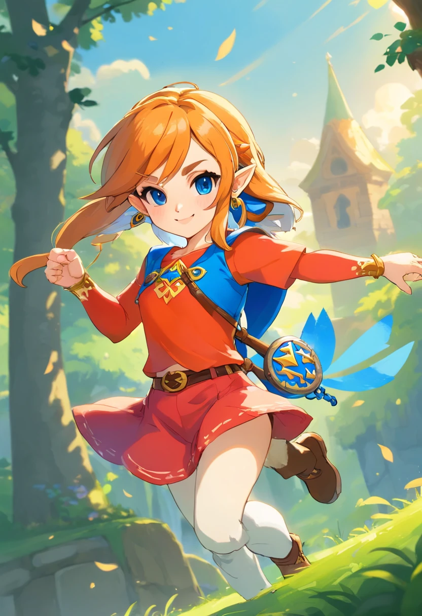 l muchacha, Pelo corto de color naranja, ojos rojos, Sonrisa confiada, Camiseta roja con lunares blancos, pantalones cortos azules, Guantes negros sin dedos, fondo azul