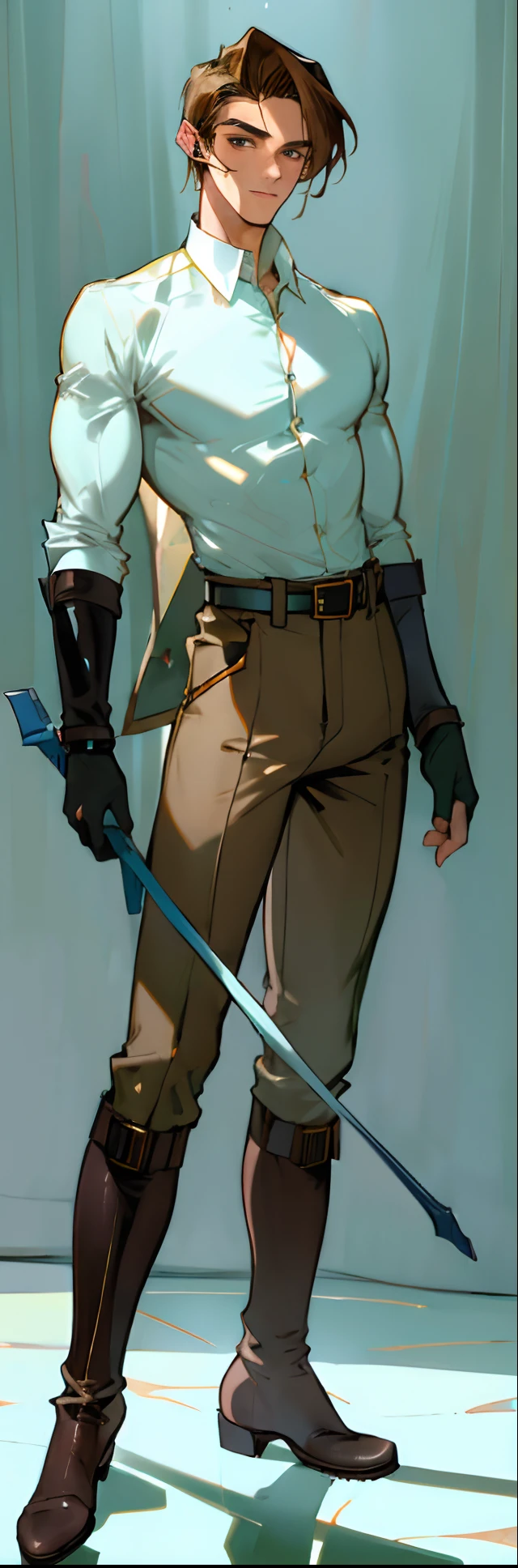 (highest resolution, distinct_image) best quality, a man, solo, masterpiece, highly detailed, semi realistic, brown hair, bangs, (23 years old:1.4), mature, tall strong,paladin,(luxury hotel room background:1.2), cold, serious, tall, handsome, powerful, demi-god, godlike, exquisite facial features, (full body)(combat_boots:1.4)(dark pants:1.3),( gloves:1.5)(long sleeves),solo,(looking at viewer),(from below:0.4)(head turned upwards:0.3)(smiling:0.4)(holding riding crop:1.2)(muscular:1.2),(black belt), (shirt tucked in pants),(standing on ground), (marble floor)(mean:0.4)(seductive:0.5)(evil:0.9),detailed,(abs:0.9)(bdsm Equipment),(Link:1.3),Warrior,knight,(white button-up shirt)(masculine face)