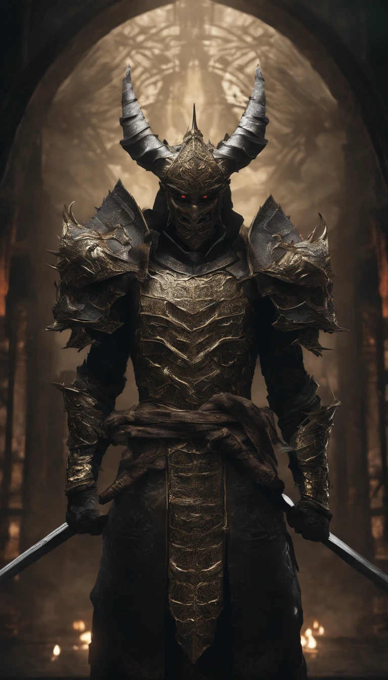 warrior, concept-art, author:Kishiganku, Fantasy art, Zen temple background, clean render, a horned, Wear a suit of armor, Detailed bushido form smoke, helmet of a forgotten deity, character is standing, 8k Realistic, in game render, detailed face background detail, Art station front page, taur, Pseudo-medieval fantasy, A deity wearing koi armor, detailed bronze armor, Bronze armor, golden etched armor, gold obsidian armor, Light gold armor, Gorgeous filigree armor, A demonic warrior, Gorgeous armor full of thorns, Intricate assasin armor, Intricate metal armor, powerful warrior, Dressed in gorgeous gold armor,Decorated with intricate patterns, The helmet has a large crown and two horns,Glowing red eyes, Everything is in the dark, The smoky background hints at the battle scene, Add an ominous aura to his character,The Demon's Giant Demon Wings,submission, Full body shot.