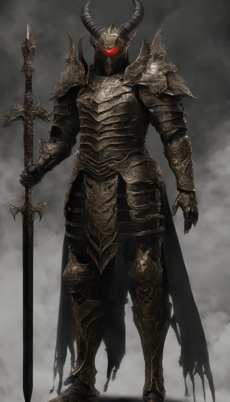 warrior, concept-art, author:Kishiganku, Fantasy art, Zen temple background, clean render, a horned, Wear a suit of armor, Detailed bushido form smoke, helmet of a forgotten deity, character is standing, 8k Realistic, in game render, detailed face background detail, Art station front page, taur, Pseudo-medieval fantasy, A deity wearing koi armor, detailed bronze armor, Bronze armor, golden etched armor, gold obsidian armor, Light gold armor, Gorgeous filigree armor, A demonic warrior, Gorgeous armor full of thorns, Intricate assasin armor, Intricate metal armor, powerful warrior, Dressed in gorgeous gold armor,Decorated with intricate patterns, The helmet has a large crown and two horns,Glowing red eyes, Everything is in the dark, The smoky background hints at the battle scene, Add an ominous aura to his character,The Demon's Giant Demon Wings,submission, Full body shot.