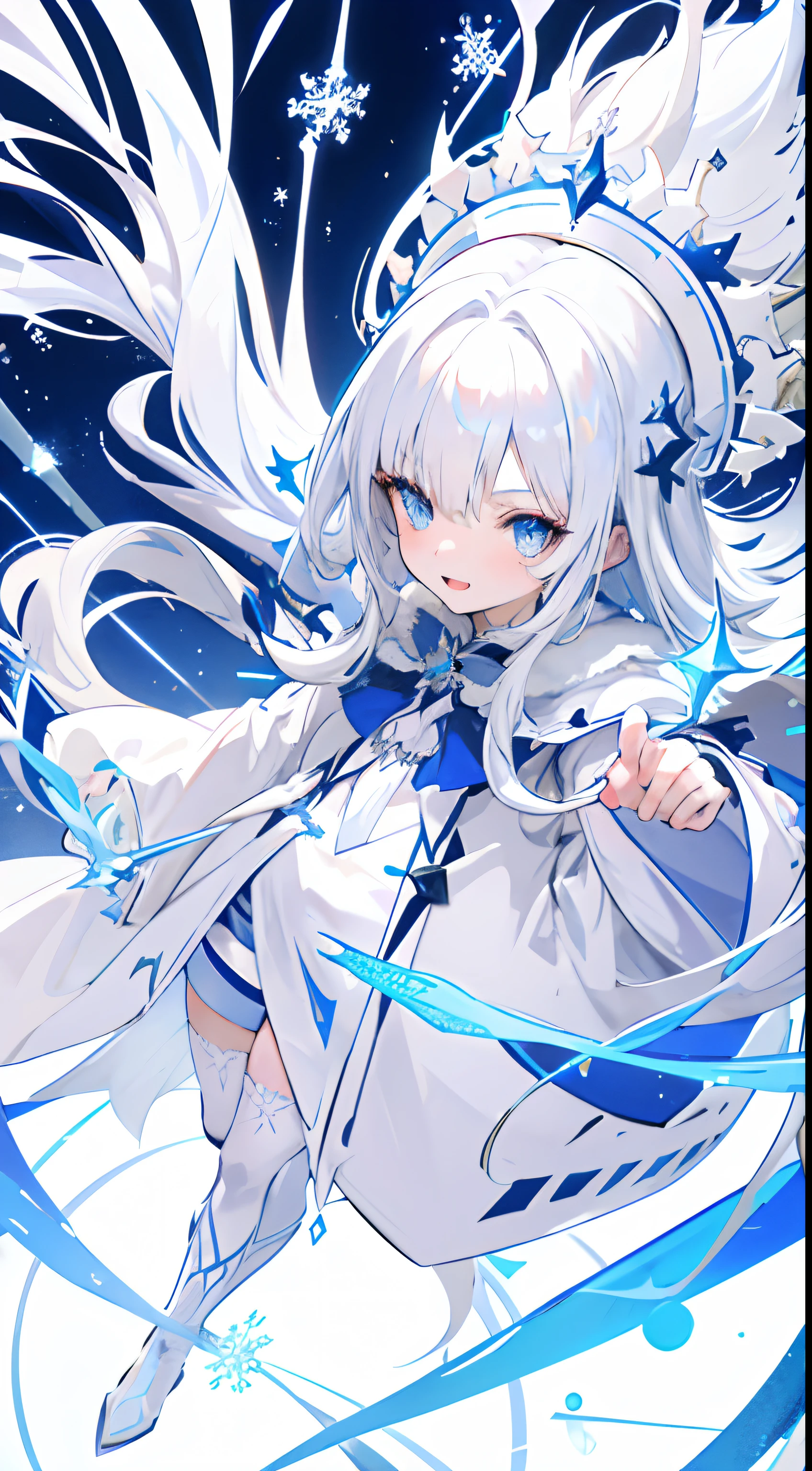 White-haired, White costume, Wizard Anime Characters, Wizard Detail Art,Sorcerer、 portrait of a wizard, from arknights, Magic circle of snowflakes、snowflake magic long white hair glowing blue hair wearing a white robe wizard blue eyes holding a spellbook plain white background wearing white boots snowflake snow magic effect wizard costume laughing girl cool mature dark wizard hat magic circle、detailed anime character art, Red snowflake，Clear eyes