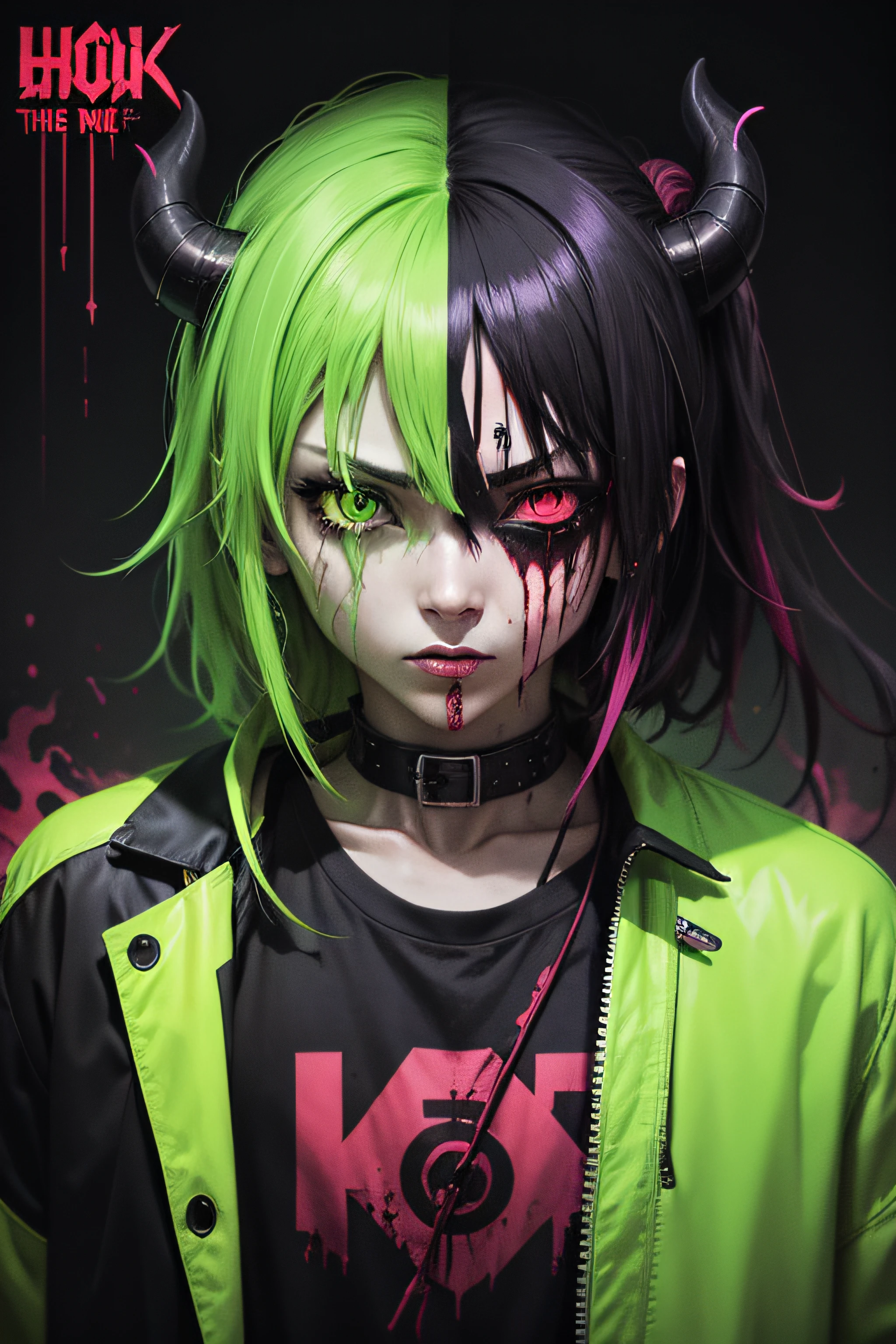 anime phonk horror album cover, blood in the face and one eye is neon green like a devil with neon green colors