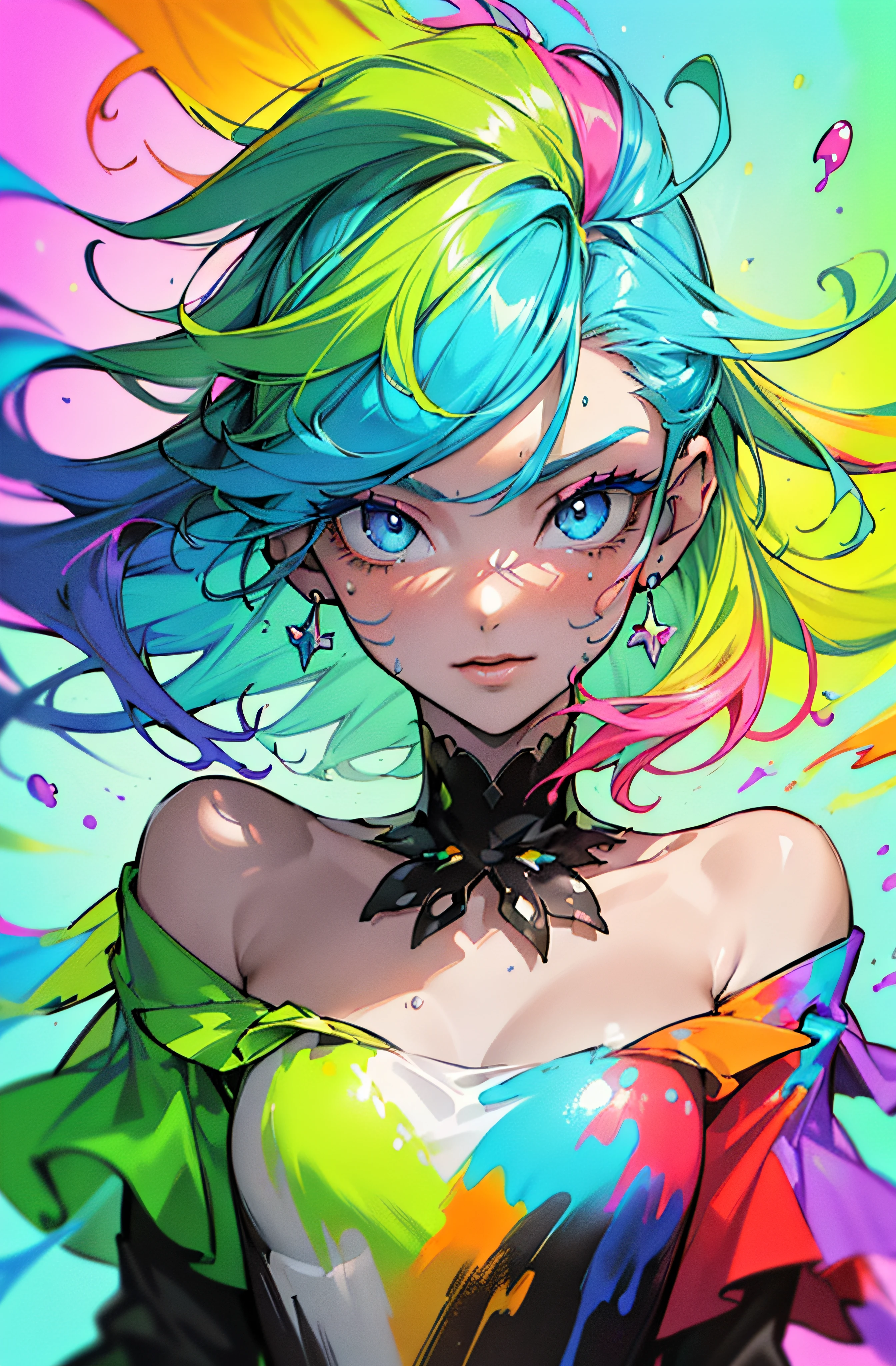 (Colorful hair: 1.8), (all colors of the rainbow: 1.8),(((((Vertical painting：1.6))), （Painting：1.6），Front, Comics, Illustrations, painting of a, largeeyes, Crystal clear eyes,（ rainbow color gradient high ponytail：1.7）, Exquisite makeup, Closed mouth,(Small Fresh: 1.5),(Wipe Chest: 1.6) ，Long eyelashes, white off-the-shoulder T-shirt,  White Shoulder Shirt，staring towards the viewer, watery big eyes, (Rainbow-colored hair：1.6), colored splashing, （Solo：1.8）, colored splashing, Color explosion, Thick Paint Style, Messy lines, ((Shining))，(Colorful), (Colorful), (Colorful), Colorful, Thick Paint Style, (Splash) (colored splashing), Vertical painting, Upper body, Paint splashes, Acrylic Pigment, Gradient, Paint, Highest image quality, Highest quality, masutepiece, Solo, depth of fields, facepaint,  multicolored clothing, (elegant: 1.2), Gorgeous,Long hair, Wind, (elegant: 1.3), (Flower petals: 1.4)，(((masutepiece))),(((Best quality))),((Ultra-detailed)),(illustration),(Dynamic Angle),((Floating)),(Paint),((Disheveled hair)),(Solo),(1girl in) , (((Detailed anima face))),((beautifull detailed face)),Collar,Bare shoulders,White hair, ((Colorful hair)),((striated hair)),Beautiful detailed eyes,(Gradient color eyes),(((Colorful eyes))),(((Colorful background))),(((High color saturation))),(((Surrounded by colorful splashes))),