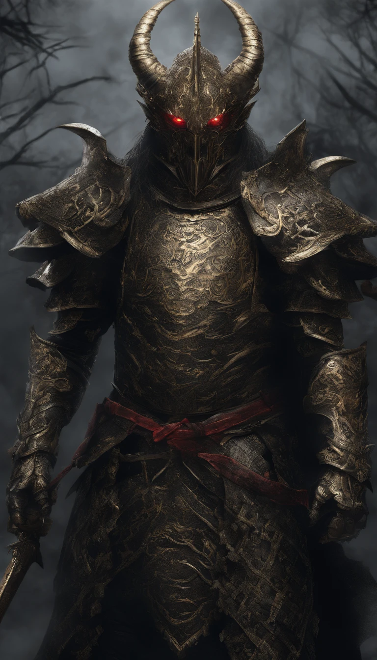 warrior, concept-art, author:Kishiganku, Fantasy art, Zen temple background, clean render, a horned, Wear a suit of armor, Detailed bushido form smoke, helmet of a forgotten deity, character is standing, 8k Realistic, in game render, detailed face background detail, Art station front page, taur, Pseudo-medieval fantasy, A deity wearing koi armor, detailed bronze armor, Bronze armor, golden etched armor, gold obsidian armor, Light gold armor, Gorgeous filigree armor, A demonic warrior, Gorgeous armor full of thorns, Intricate assasin armor, Intricate metal armor, powerful warrior, Dressed in gorgeous gold armor,Decorated with intricate patterns, The helmet has a large crown and two horns,Glowing red eyes, Everything is in the dark, The smoky background hints at the battle scene, Add an ominous aura to his character,The Demon's Giant Demon Wings,submission, Full body shot.