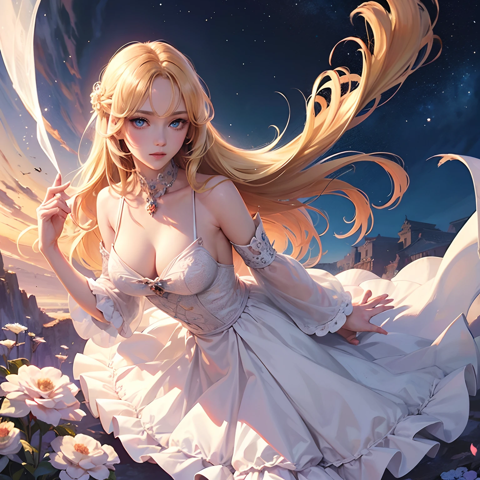 ((masutepiece)), ((Best Quality)), (Ultra-detailed), Illustration, Full body, sacred place, evening, Pretty women, Solo, Princess Dresses, beautiful blond hair, Beautiful blue eyes, ((Beautiful eyes)), Long hair, lightsmile, rainbow, Light Kasasu