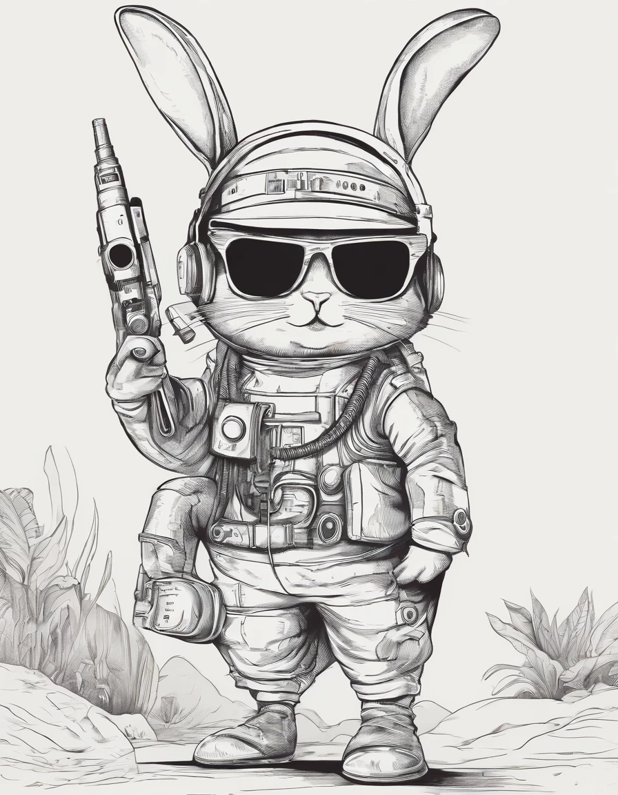 Herren. Adventurer Bunny,Wearing an explorer's hat,Carry a bag,Behind him was a dense jungle