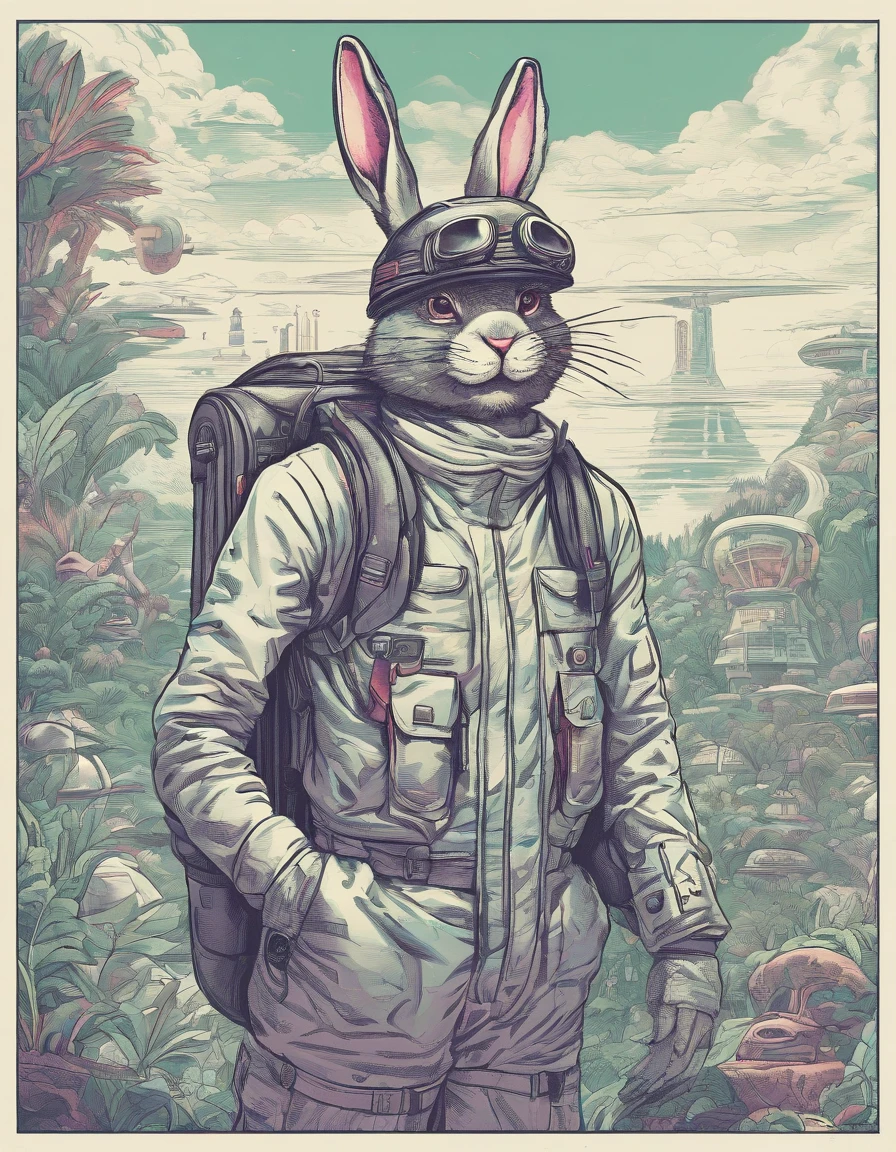 Herren. Adventurer Bunny,Wearing an explorer's hat,Carry a bag,Behind him was a dense jungle