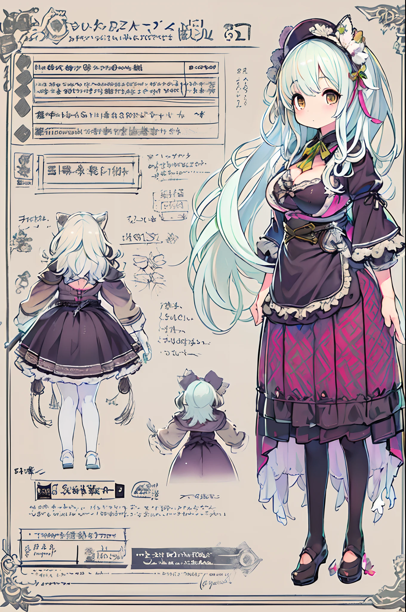 ((masutepiece)), (Highest Quality))), (CharacterDesignSheet, National Costume, Same character, front, Side, Back), Illustration, 1 girl, Full body, Silver hair, Eye hair, Beautiful eyes, Princess Cut, environment change scene, Short skirt, Shyness, Woman, girl, Standing, Gothic ta, v tuber, Charter Betarola, (Simple background, White background: 1.3) ( masutepiece:1.2), (Best Quality:1.3),bbw