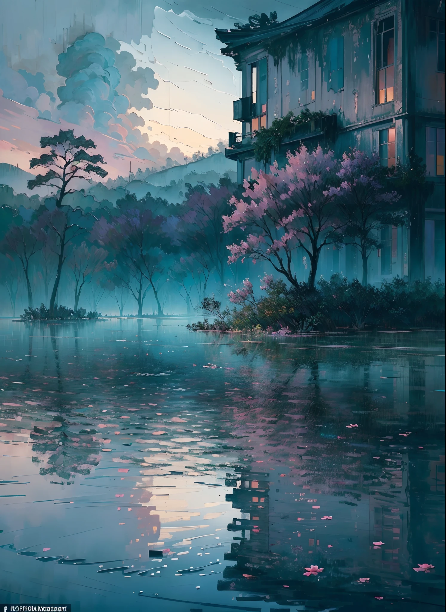 Best quality,4K,8K,A high resolution,Masterpiece:1.2,Ultra-detailed,Realistic,Photorealistic:1.37,landscape,Monet,Impresionismo,flood,illuminations,Japan culture,disaster,heavy rain,Dark clouds,Gloomy atmosphere,Flooded rivers,damaged buildings,Desolate streets,Soaked landscape,Ripple water reflection,Waterlogged trees,Moody lighting,Brush Strokes,A peaceful garden with cherry blossoms,Sparse cherry petals,floating debris,Turbulent waves,ominous storm clouds,Subtle color palette,Soft lighting,Sinister emotions,Crumbling building,Abandoned temple,Unforgettable scenery,A mysterious mist shrouded the scene,Ominous silence,Breathtaking but melancholic scene,The juxtaposition of natural beauty and destruction,The lonely figure stood in the chaos,Think about the power of nature,A charming blend of tranquility and chaos,Visually striking and emotionally evocative artwork,Showcasing the delicate balance between man and nature,Convey a feeling of wonder and awe.