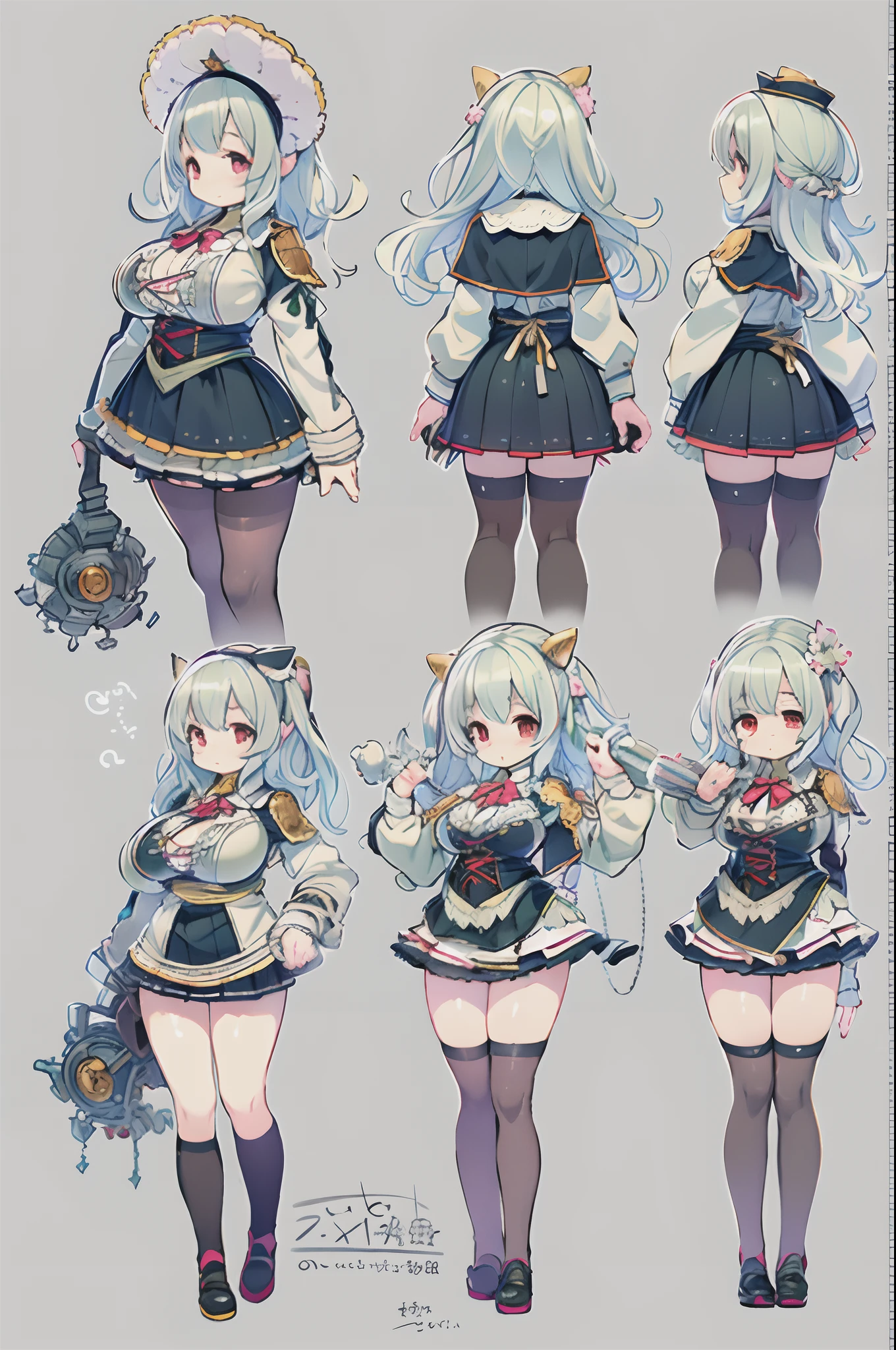 ((masutepiece)), (Highest Quality))), (CharacterDesignSheet, National Costume, Same character, front, Side, Back), Illustration, 1 girl, Full body, Silver hair, Eye hair, Beautiful eyes, Princess Cut, environment change scene, Short skirt, Shyness, Woman, girl, Standing, Gothic ta, v tuber, Charter Betarola, (Simple background, White background: 1.3) ( masutepiece:1.2), (Best Quality:1.3),bbw