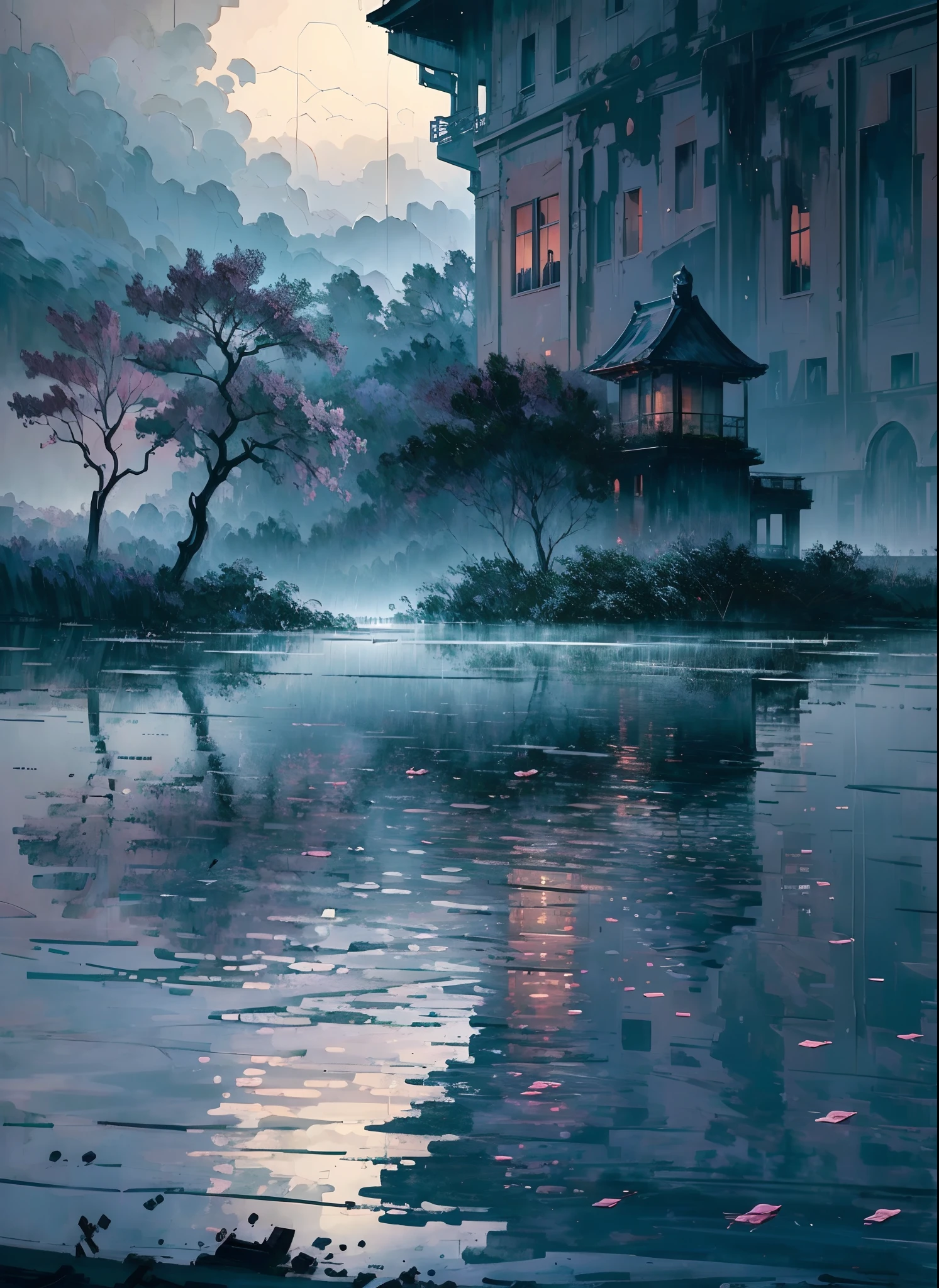 Best quality,4K,8K,A high resolution,Masterpiece:1.2,Ultra-detailed,Realistic,Photorealistic:1.37,landscape,Monet,Impresionismo,flood,illuminations,Japan culture,disaster,heavy rain,Dark clouds,Gloomy atmosphere,Flooded rivers,damaged buildings,Desolate streets,Soaked landscape,Ripple water reflection,Waterlogged trees,Moody lighting,Brush Strokes,A peaceful garden with cherry blossoms,Sparse cherry petals,floating debris,Turbulent waves,ominous storm clouds,Subtle color palette,Soft lighting,Sinister emotions,Crumbling building,Abandoned temple,Unforgettable scenery,A mysterious mist shrouded the scene,Ominous silence,Breathtaking but melancholic scene,The juxtaposition of natural beauty and destruction,The lonely figure stood in the chaos,Think about the power of nature,A charming blend of tranquility and chaos,Visually striking and emotionally evocative artwork,Showcasing the delicate balance between man and nature,Convey a feeling of wonder and awe.