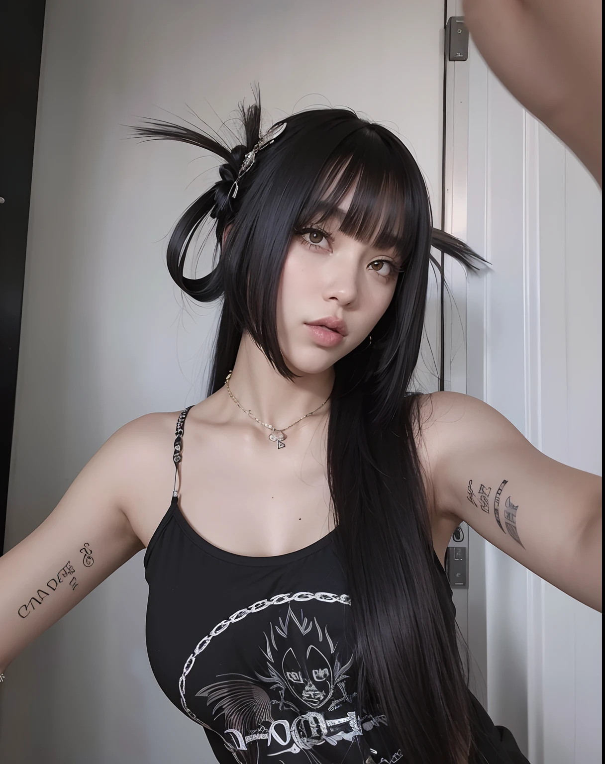 Mujer arafed con el pelo largo y negro y un tatuaje en el brazo, cruel korean goth girl, Cabello largo y negro con flequillo, cabello blackbangs cabello, Ella tiene el pelo negro con flequillo, Cabello negro Hime cortado, Cabello largo y oscuro con flequillo, Pelo largo con flequillo, flequillo largo y recto, goth girl aesthetic, flequillo negro, Cabello largo con flequillo completo