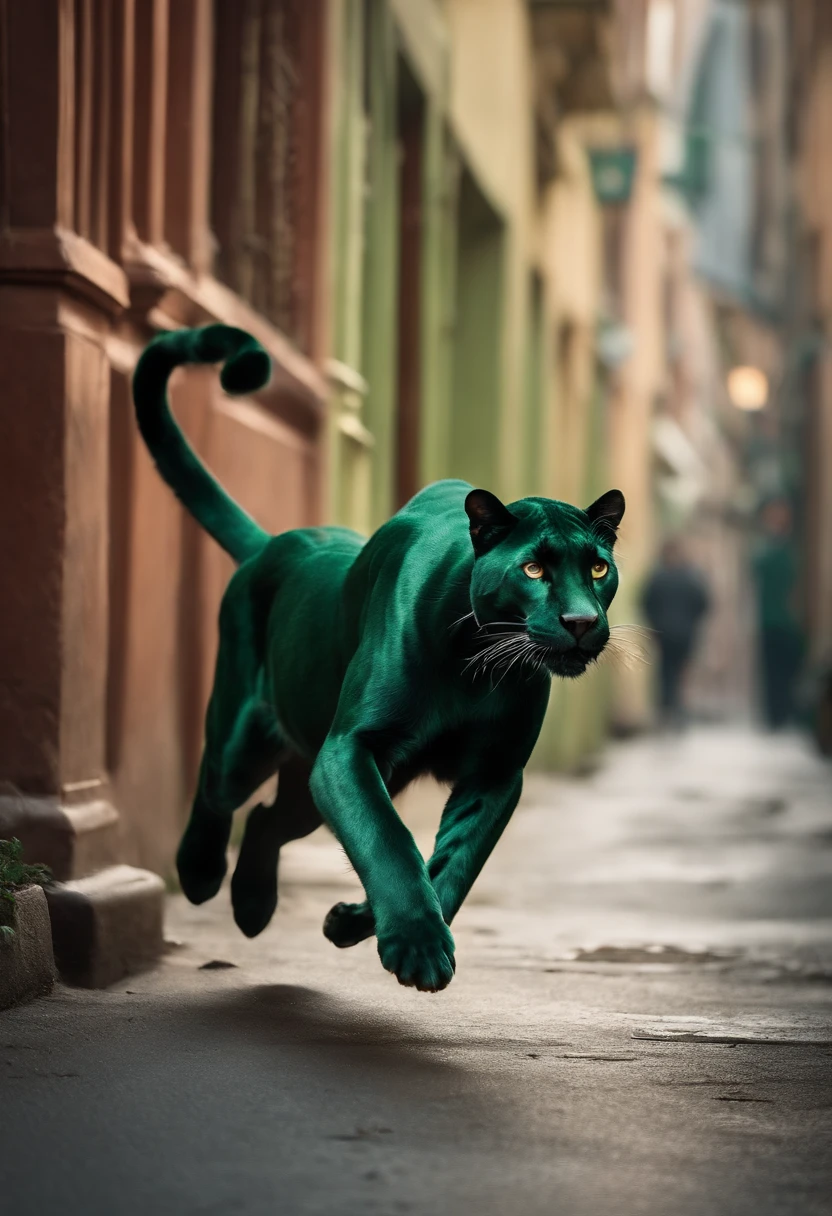 Green panther running after postman in the street with a bone in his head