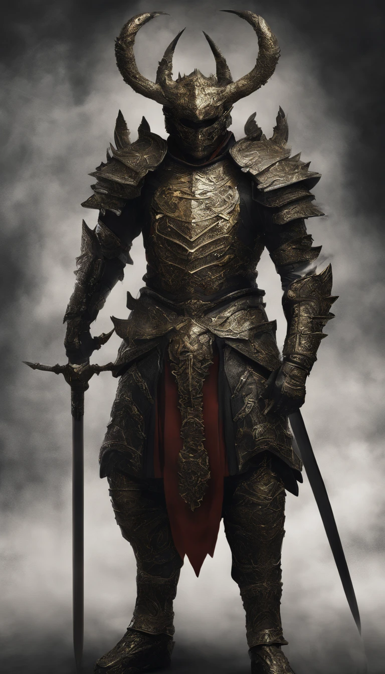 warrior, concept-art, author：Kishiganku, Fantasy art, Zen temple background, clean render, a horned, Wear a suit of armor, Detailed bushido form smoke, helmet of a forgotten deity, character is standing, 8k Realistic, in game render, detailed face background detail, Art station front page, taur, Pseudo-medieval fantasy, A deity wearing koi armor, detailed bronze armor, Bronze armor, golden etched armor, gold obsidian armor, Light gold armor, Gorgeous filigree armor, A demonic warrior, Gorgeous armor full of thorns, Intricate assasin armor, Intricate metal armor, powerful warrior, Dressed in gorgeous gold armor，Decorated with intricate patterns, The helmet has a large crown and two horns,Glowing red eyes， Everything is in the dark, The smoky background hints at battle scenes, Add an ominous aura to his character，Demon's giant demon wings，submission, Full body shot.