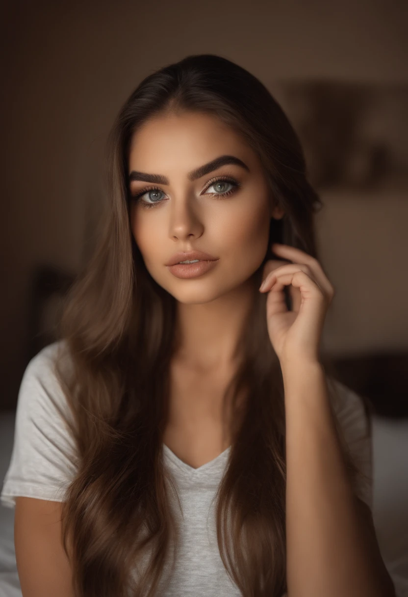 Arafed Mujer con una camiseta blanca sin mangas y un collar, Chica sexy con ojos verdes, Retrato Sophie Mudd, brown hair and large eyes, selfie de una mujer joven, Ojos del dormitorio, Violeta Myers, sin maquillaje, Maquillaje natural, staring directly into camera, cara con artgram, maquillaje sutil, Impresionante foto de cuerpo completo, penetrantes ojos verdes, beautiful angle, Pose atractiva, Cute little girl, Pose sexy, Imagen de cuerpo entero, cuerpo completo, full body shoot, Diosa morena, High detail, Pose satisfecha, con falda y botas grises, falda, Botas, tetas grandes