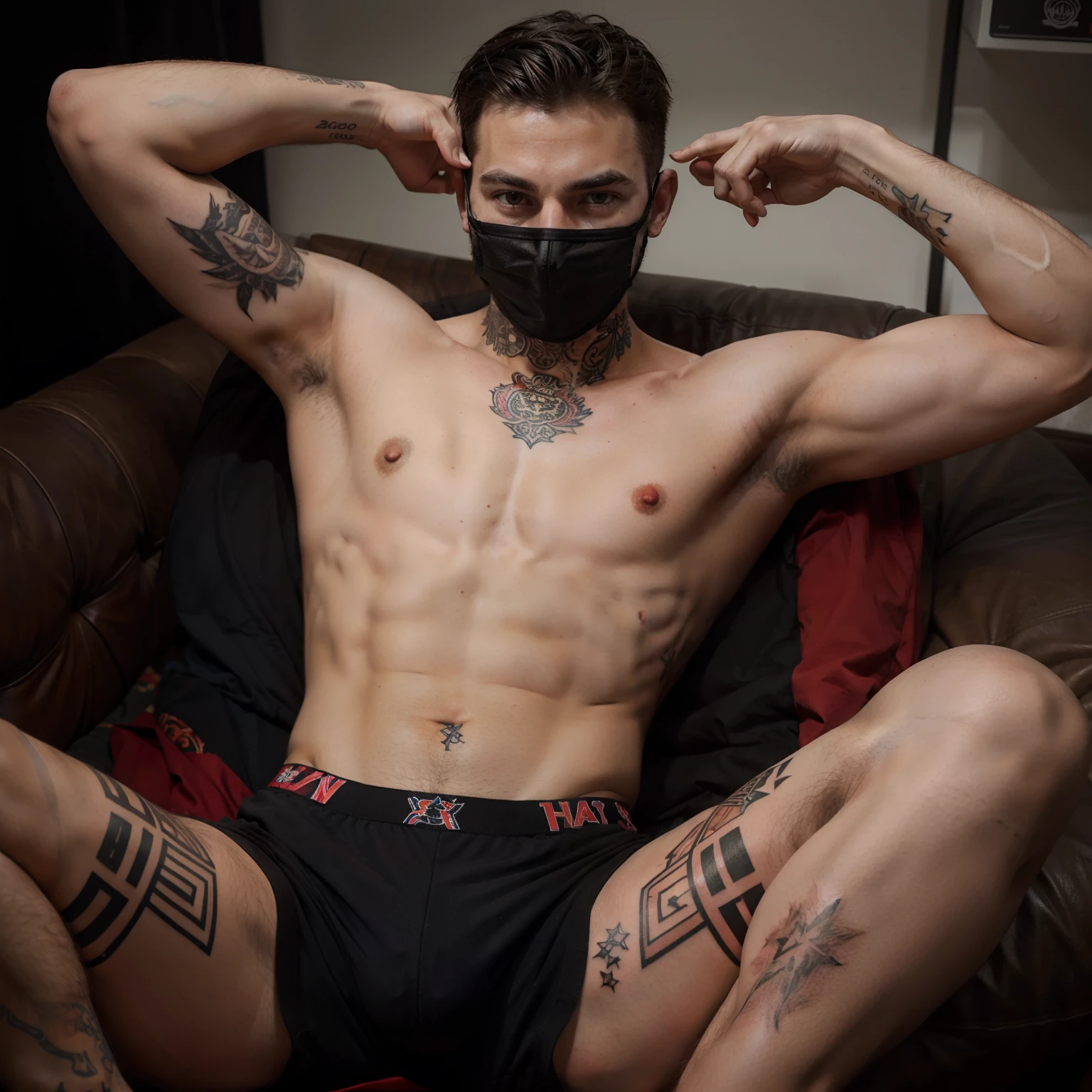 Young males, tight patterned boxers, mask, topless, skinny body, tattoo