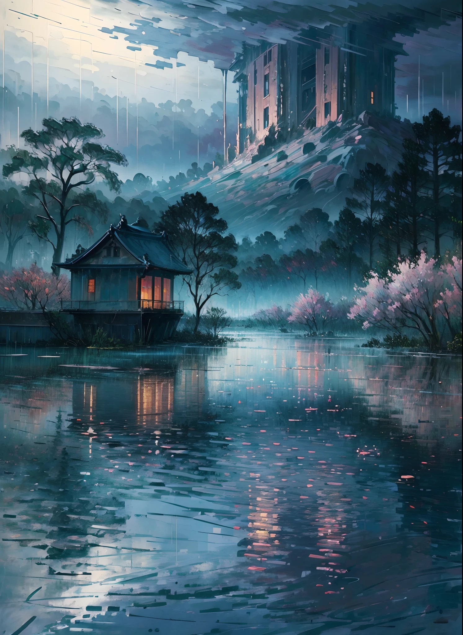 Best quality,4K,8K,A high resolution,Masterpiece:1.2,Ultra-detailed,Realistic,Photorealistic:1.37,landscape,Monet,Impresionismo,flood,illuminations,Japan culture,disaster,heavy rain,Dark clouds,Gloomy atmosphere,Flooded rivers,damaged buildings,Desolate streets,Soaked landscape,Ripple water reflection,Waterlogged trees,Moody lighting,Brush Strokes,A peaceful garden with cherry blossoms,Sparse cherry petals,floating debris,Turbulent waves,ominous storm clouds,Subtle color palette,Soft lighting,Sinister emotions,Crumbling building,Abandoned temple,Unforgettable scenery,A mysterious mist shrouded the scene,Ominous silence,Breathtaking but melancholic scene,The juxtaposition of natural beauty and destruction,The lonely figure stood in the chaos,Think about the power of nature,A charming blend of tranquility and chaos,Visually striking and emotionally evocative artwork,Showcasing the delicate balance between man and nature,Convey a feeling of wonder and awe.