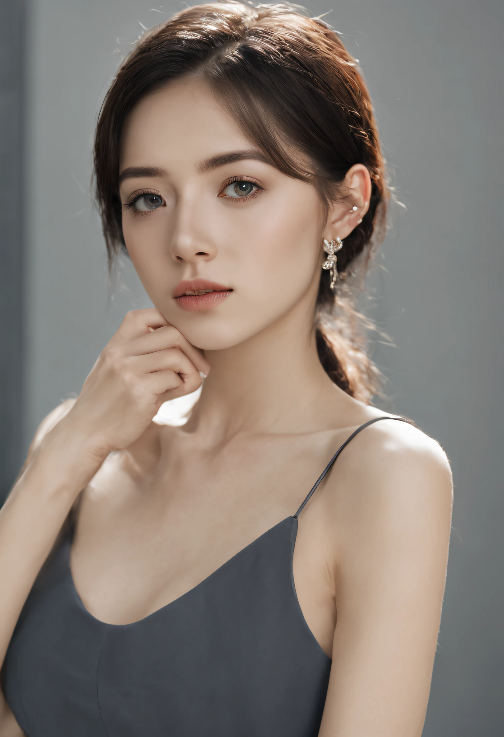 (hight resolution, Best Quality:1.2), radiance, Soft contours, upper-body, Detailed background, (8K, RAW photo, Best Quality, Masterpiece:1.2), (Realistic, photo-realistic:1.37), Ultra-detailed, (high skin detail:1.2), 8K UHD, dslr, soft-lighting, hiquality, Film grain, Fujifilm XT3, Professional lighting, Photon mapping, radiosity, Physical Rendering Photo 18 Years Old.o woman, detailed face and body, Award-winning photography, Detailed Face, back light, ultra realisic, Ray Tracing, intense gaze, looking a viewer, Cinematic lighting, RAW photo, 8K UHD, Film grain, 1girl, german girl, long straight black hair, Bright Charcoal Eyes, White Skin Skin, scarlet lips, serious look, Amber jewelry, casual wear, Cowboy shot,