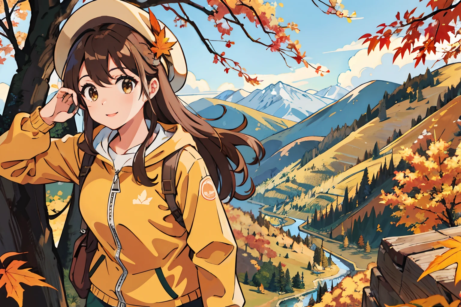 (Best quality, Masterpiece),Sunny，Broad lens，(Brown hair long)，Lively cute girl with long brown hair，Wear hiking clothes，mountaineering，autumnal，Colored leaves，maple leaf