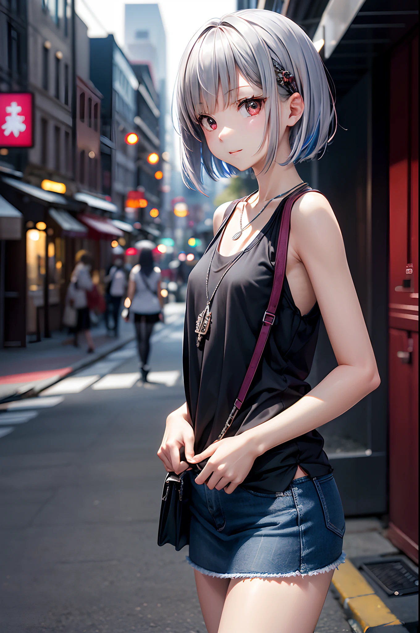 (masutepiece, Best Quality:1.2), 1girl in, Solo, Cute, kawaii, Digital Art、Strange blue and red eyes、Tank tops that expose skin、a miniskirt、Colorful cyberpunk city background,during daytime, Embarrassed expression, Silver hair(Short)、glistning skin、Small-faced beauty,  Heart-shaped necklace,Low Angle Lens、perfect-composition、Perfect light and shadow delicacy、in 8K