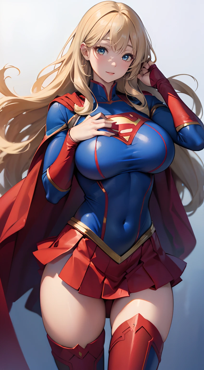 (Best quality,4K,8K,A high resolution,Masterpiece:1.2),Ultra-detailed,(Realistic,Photorealistic,photo-realistic:1.37),hdr,hyper HD,Studio lighting,Ultra-fine painting,Sharp focus,Physically-based rendering,Extreme detail description,professional,,Horror,anime big breast,Sci-fi,Photography,Concept artist,(Supergirl:1.1) blond,Blue tights, Red skirt, Red cape, Red high heeled boots, (Superman Symbol on Chest:1.5), Bare legs, Five fingers,huge tit,Buttock augmentation,Extreme body curves,40-year-old mature woman,Dirt and long legs,Fitness model,long wavy blond hair, Liu Hai Zhongfen, The whites of the eyes and pupils are clearly colored, Green eyes, 170cm tall, Fair skin,Exudes a confident expression,full bodyesbian,Off-white gradient background,Cospaly Promotion,All roles,Shot with Canon 5D MK4,Cospali photo.