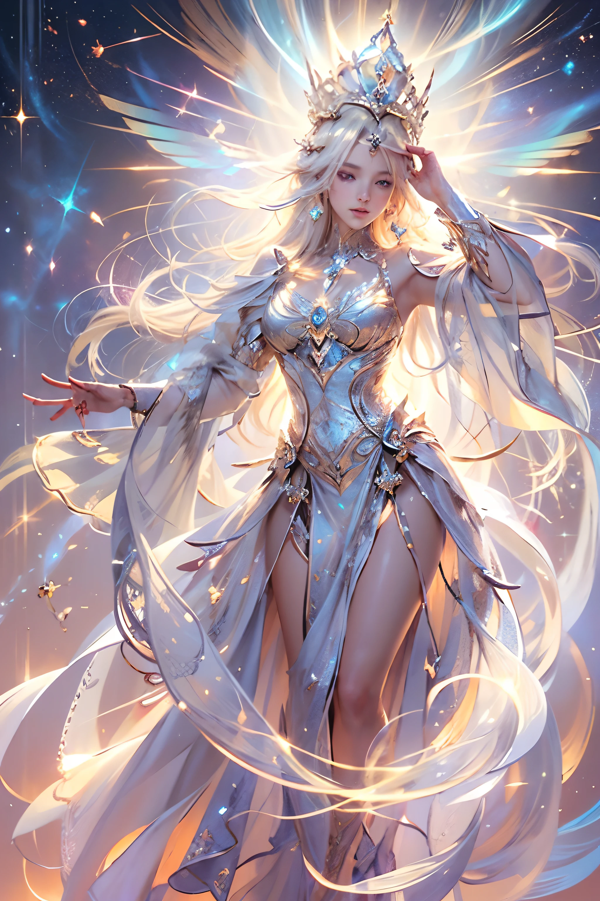 (Masterpiece, Best quality, Ultra-detailed 8K Cg Unity wallpaper), Luminous light goddess in full-body portrait, (body radiating brilliant glow:1.5), Ethereal presence, (Silky dress with ultra-detailed metallic patterns, Full-body view), Shimmering crystal jewelry, (Sharp eyeliner, Detailed eyes:1.1, Platinum blonde hair), (Royal crown:1.3, breathtakingly luxurious), Cosmic universe background , (Powerful sunbeam spotlighting her position), (Magical light effects), Holding light scepter gracefully, (divine light dominion:1.3), Stunning visuals, dramatic lighting, cinematic