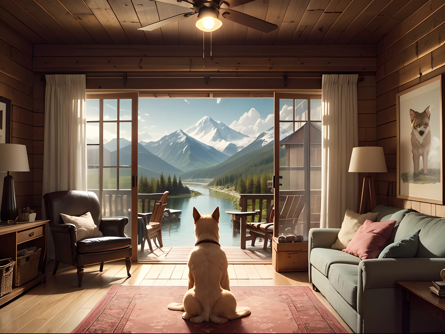 masterpiece, 1 dog on A cozy, rustic mountain cabin with a view of a tranquil river, nature, solo, cartoon style