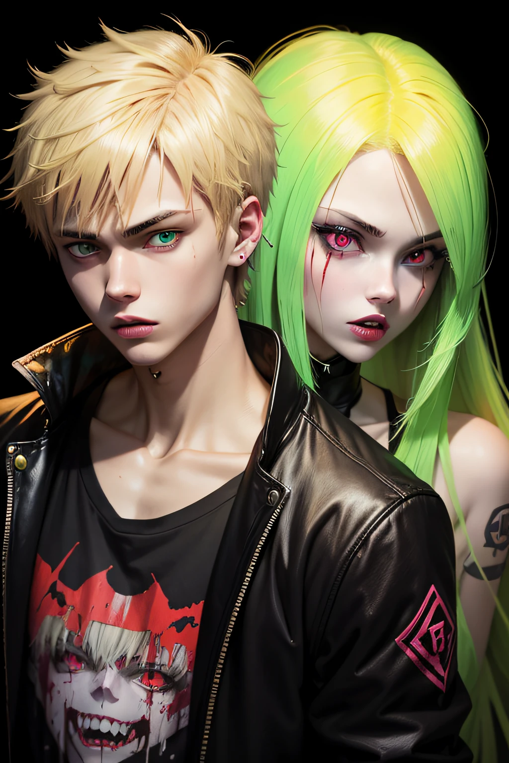 anime phonk horror album cover blond man with blond in the face who looks like Justin Bieber with a vampire girl with blood in her face and sharp teeths with neon green colors