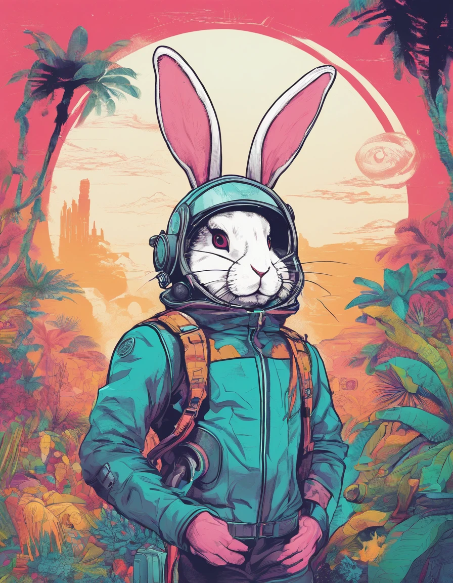 Herren. Adventurer Bunny,Wearing an explorer's hat,Carry a bag,Behind him was a dense jungle