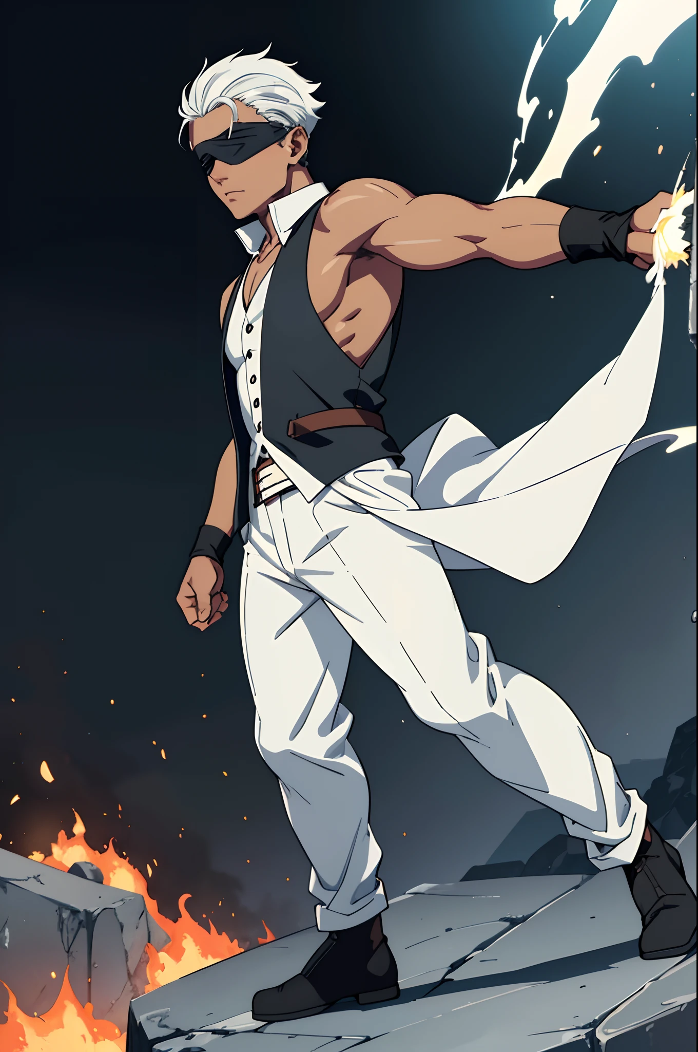 Charon \(fire force\), 1boy, black male, muscular grey hair, white tips, close up, from side, white blindfold, vest, sleeveless, looking at viewer, short hair, volcano, full body, , dark skin, solo, white jacket, full body, standing, raised fist, shirtless under vest, blindfolded