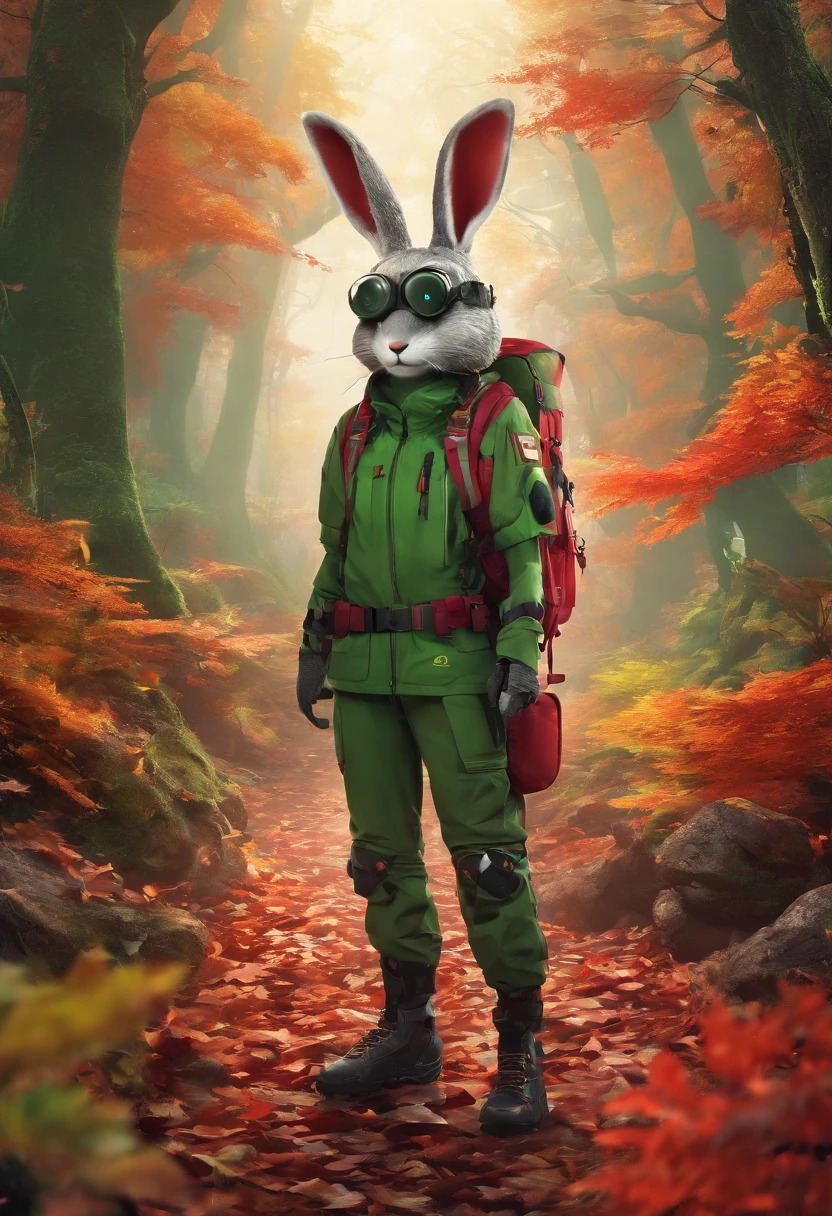 (A rabbit with binoculars stands on the path among the autumn leaves),
(Binoculars hanging from your chest:1.37),hairy, Big green bright eyes,, The rabbit wears a stylish green adventure outfit,green shorts, Wear red hiking boots on your feet, cute ears, (Green camping hat, Carry a green backpack with you, trowels, camping equipment, compass,)
(Curious to explore expressions:1.37), Exaggerated,Cartoon, 4D, Fox,at centre,Three-point system
Add a little background: Autumn Leaf Forest Trail Red Forest, autumn forest, red illuminating fog, In a red dream, really beautiful forest, Beautiful forest, Beautiful hazy wood, Red shade spray, Breathable and beautiful trees, breath-taking beautiful trees, red fog, beautiful forests and trees, Bright but dark red, red trees, a 3D render
{{Masterpiece}}, {{{Best quality}}}, {{Ultra-detailed}}, {{{illustration}}},concept art of character,Game scene graph,Clear facial features,close up photograph,Photography,postapocalyptic,Masterpiece,archviz/building rendering,rendering,corona rendered,rendering by octane,v-ray,High detail,hyper qualit,high resolution,trending on artstationh,hyper photorealism,surrealism,k hd,8K tilt shift,Long shot,Split Lighting,