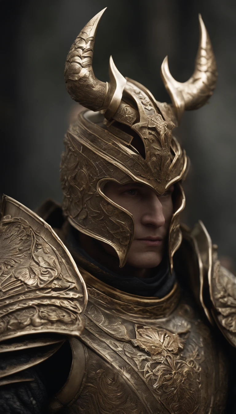 warrior, concept-art, author:Kishiganku, Fantasy art, battleground background, clean render, a horned, Wear a suit of armor, Detailed bushido form smoke, helmet of a forgotten deity, character is standing, 8k Realistic, in game render, detailed face background detail, Art station front page, taur, Pseudo-medieval fantasy, A deity wearing koi armor, detailed bronze armor, Bronze armor, golden etched armor, gold obsidian armor, Light gold armor, Gorgeous filigree armor, A demonic warrior, Gorgeous armor full of thorns, Intricate assasin armor, Intricate metal armor, powerful warrior, Dressed in gorgeous gold armor,Decorated with intricate patterns, The helmet has a large crown and two horns,Glowing red eyes, Everything is in the dark, The smoky background hints at battle scenes, Add an ominous aura to his character,submission, Full body shot.fully body photo