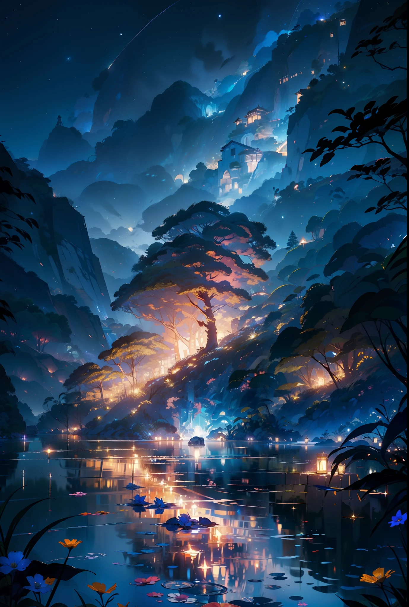 master part, gorgeous, Landscape, (((DDIM_HumaDDIMs))), Noite, flor, Jardim, Starry sky, constellations, atordoante, vista, water, quente, aconchegante, peaceful, Meteoro, cosmico, Magic, magia, particuls, Justo, ((Pirilampos))