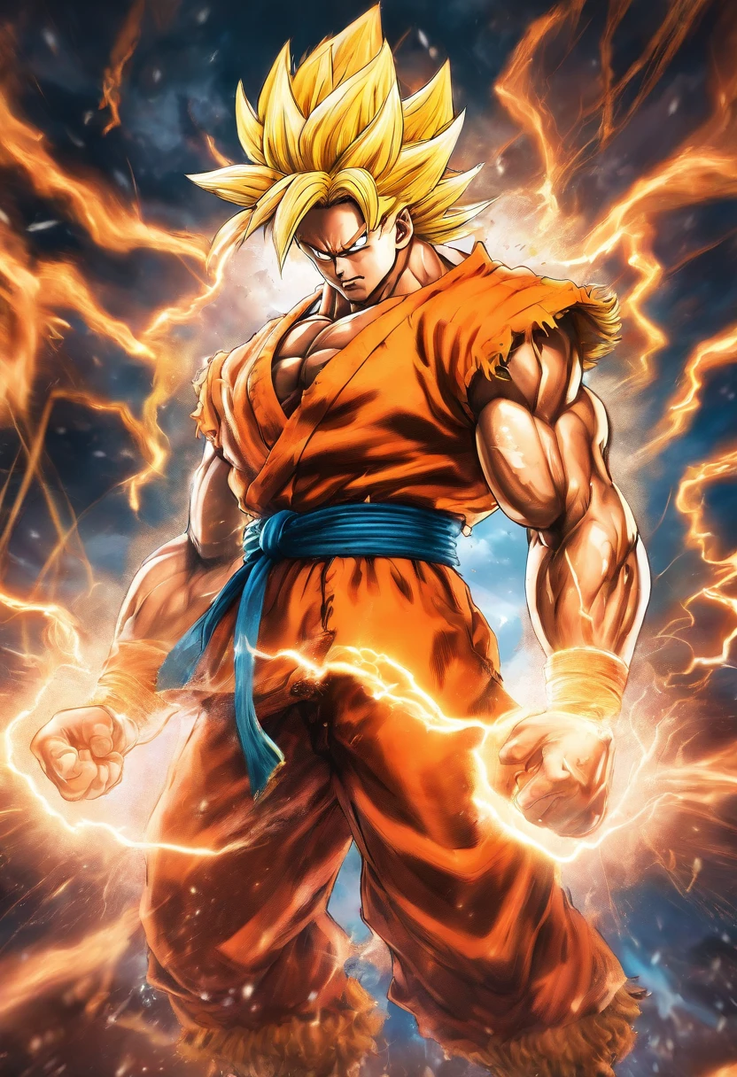 Realistic 3D rendering of Goku Super Saiyan fusion Aquaman, Surrounded by lightning, big muscle, full body photo shot, hyper realisitic