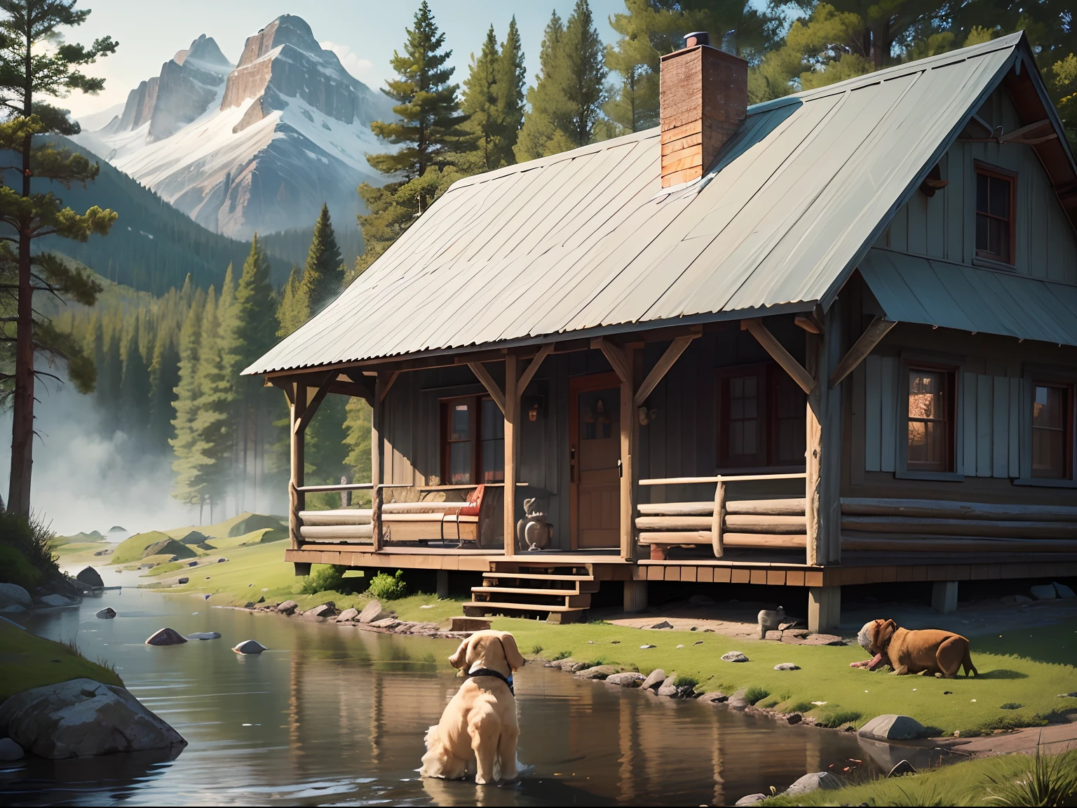 masterpiece, 1 dog on A cozy, rustic mountain cabin with a view of a tranquil river, nature, solo, cartoon style