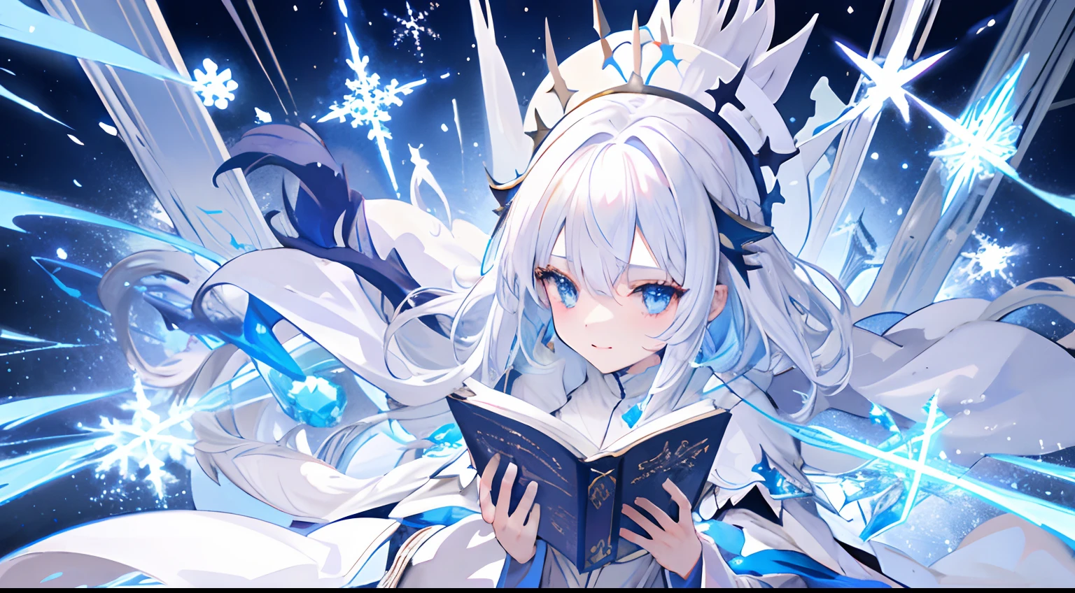 White-haired, White costume, Wizard Anime Characters, Wizard Detail Art,Sorcerer、 portrait of a wizard, from arknights, Magic circle of snowflakes、The Magic of Snowflakes、long white hair、Glowing blue hair、A wizard wearing a white robe、blue eyess、Have a spell book、Plain white background、Wear white boots、Snowflake、Snow Magic Effects、Wizard Costume、Laughing Girl、cool、mature、Dark Wizard's Hat、magic circles、detailed anime character art, Red snowflake，Clear eyes