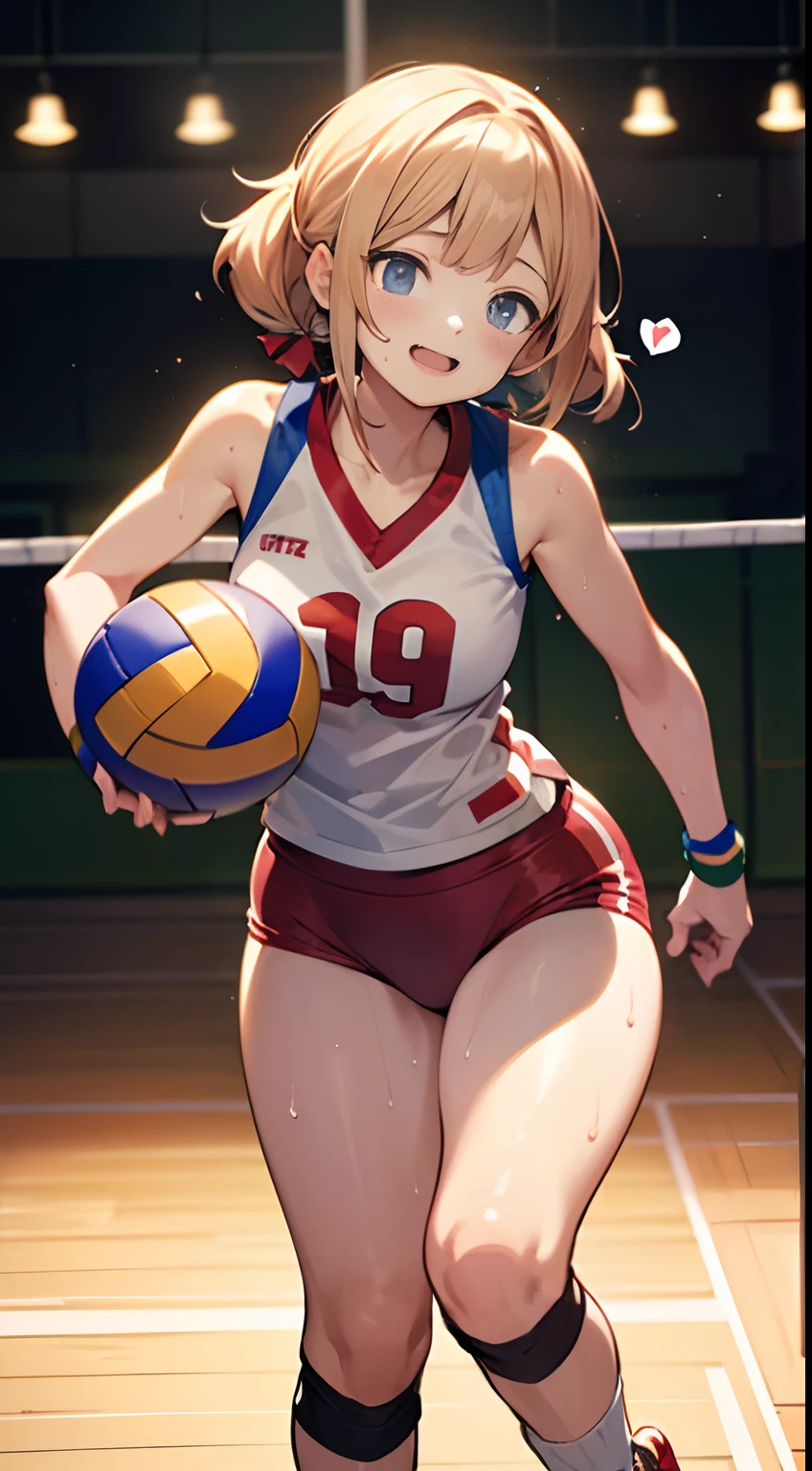 (((masutepiece))), (((Best Quality))), (((ultra-detailliert))), (((hight resolution))), ((superfine illustration)), ((Ultimate cutie)), Detailed beautiful face, Shiny hair, (gyaru), medium breasts, ((potbelly)), (((solo))), female volleyball player, sad, (tearfully), Dirty all over the body, BREAK, (((Hold spherical shape 6-inch volleyball in both hand))), BREAK, (((Buruma))), (Volleyball uniform), Sleeveless Volleyball Uniforms, (((Buruma))), (Kneepads), (elbow pad), (Bare hands), ((Sweat)), ((Covered in sweat)), (Breathless), on valleyball court, in gymnasium, Lighting, From below, Looking at viewers