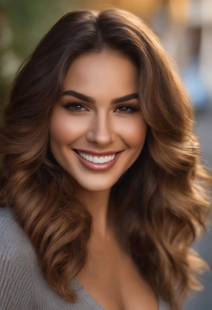chica ultrarealista con detalles de cara bien definidios de cuerpo completo, cabello marron claro, sonriendo, cabello ondulado, con rasgos rusos, con escote, con grandes tetas