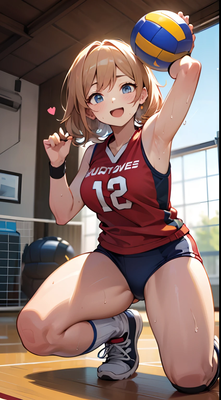 UHD, anatomically correct, 8k, (((masterpiece))), (((best quality))), (((ultra detailed))), (((high-resolution))), ((super fine illustration)), ((Ultimate cutie)), detailed beautiful face, solo, ((gyaru)), potbelly, ((curvy)), shiny hair, happy, smile, (blush),
BREAK, (((buruma))), ((sleeveless gym uniform)), ((wrist bands)), ((kneepad)), (((loose socks))), ((high top sneakers)), buruma, buruma,
BREAK, (((Throwing the Beautiful spherical shape 6-inch volleyball))), ((sweat)), (perspired), (heavy breathing), sense of depth, in gymnasium, lighting, looking at viewers, (spoken heart)